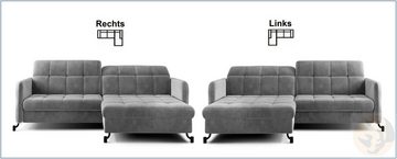 Friderik-EU Ecksofa LORA Gepolsterte ausziehbare Couch mit Bettkasten, mit Hocker wählbar