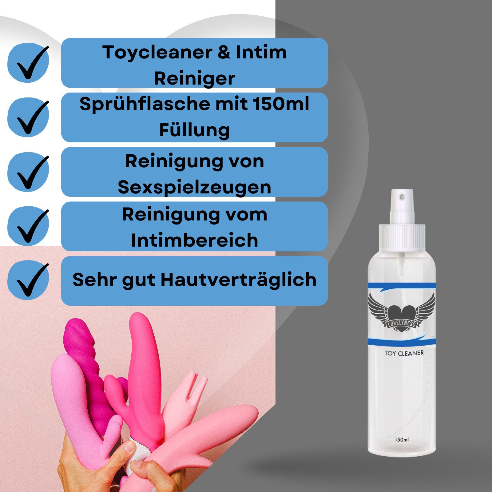 Lovelyness Intimreinigungsmittel - Toy und Intim Reiniger 150ml Desinfektionsspray - Ohne Alkohol