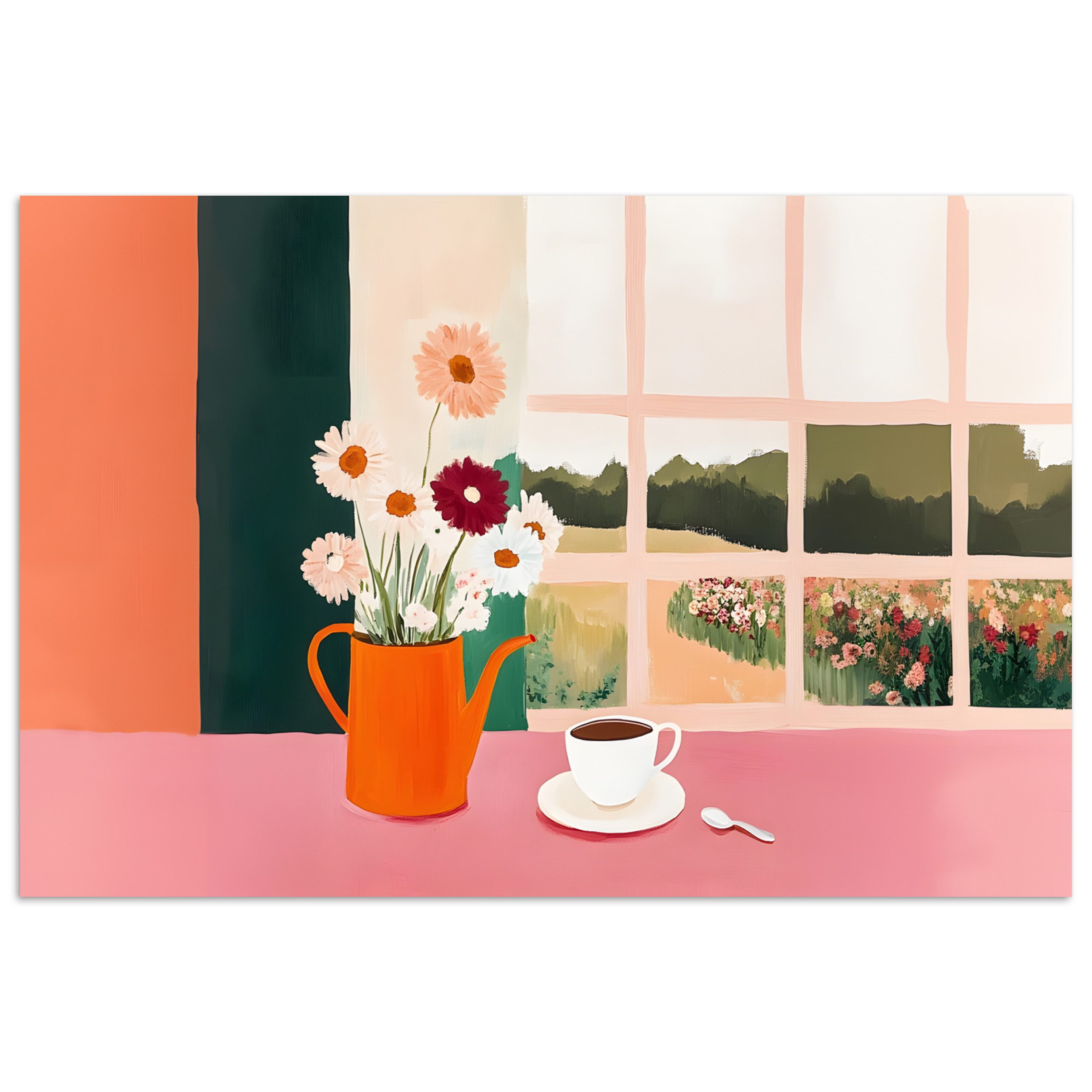 Poster Blumen - Kaffee - Fenster