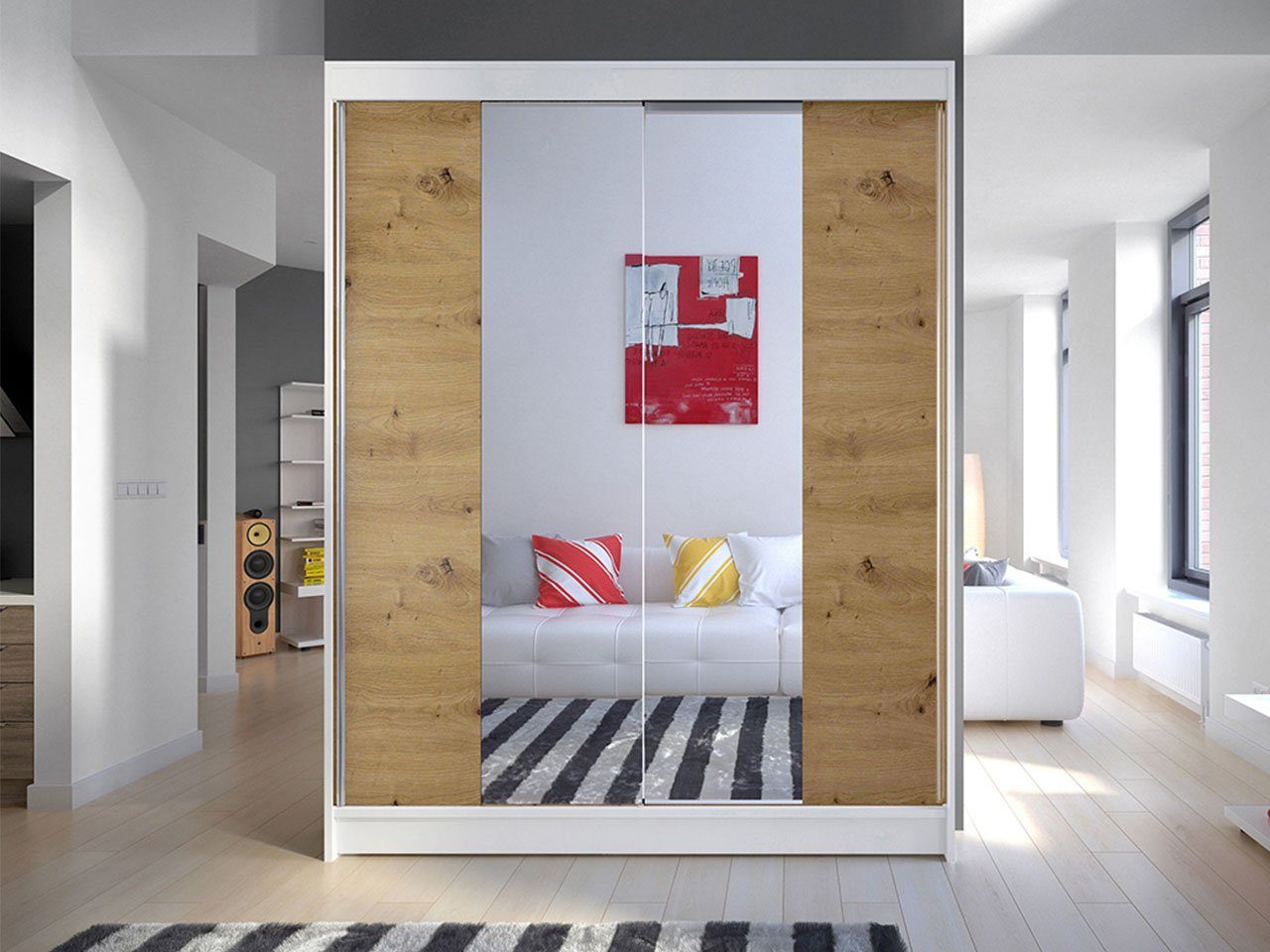 Schlafzimmerschrank II (mit Weiß Kleiderstange, Schwebetürenschrank, Eiche Mirjan24 Spiegel, Camino Kleiderschrank / Artisan Einlegeboden)