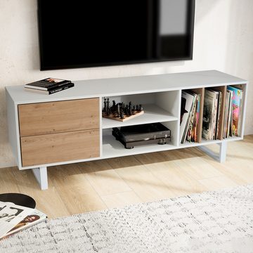 Wohnling Lowboard WL6.812 (Weiß / Eiche-Dekor, 150x55x40 cm, zwei Schubladen), TV-Kommode Hoch, TV-Schrank Modern Fernsehtisch
