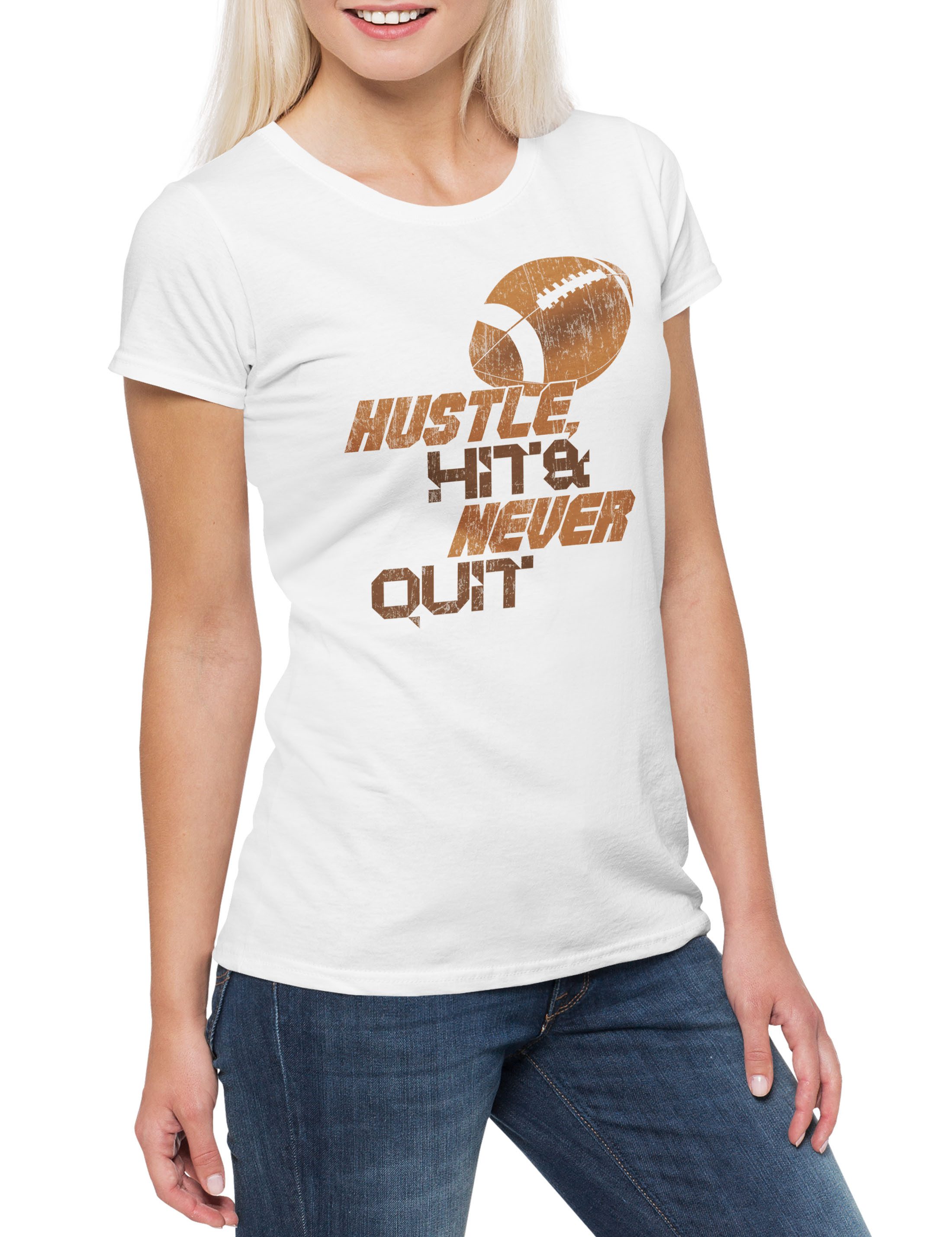 Print-Shirt Hustle Hit Never Quit Damen T-Shirt American Football Player Ball