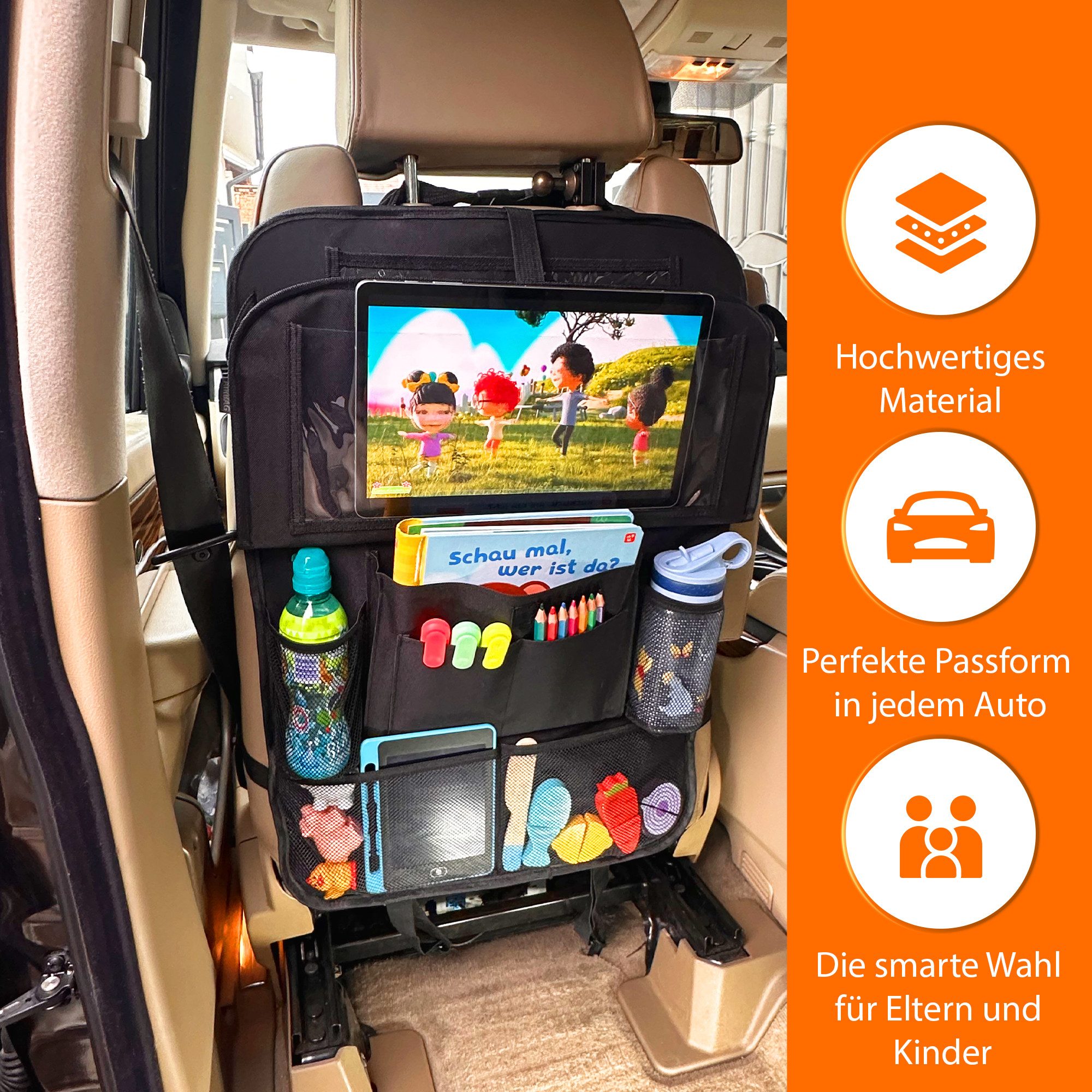 LUNARIA Auto-Rückenlehnentasche Praktischer Autositz-Organizer mit Klapptisch, iPad-Halter (1-tlg), Tisch, iPad-Tasche, viele Fächer