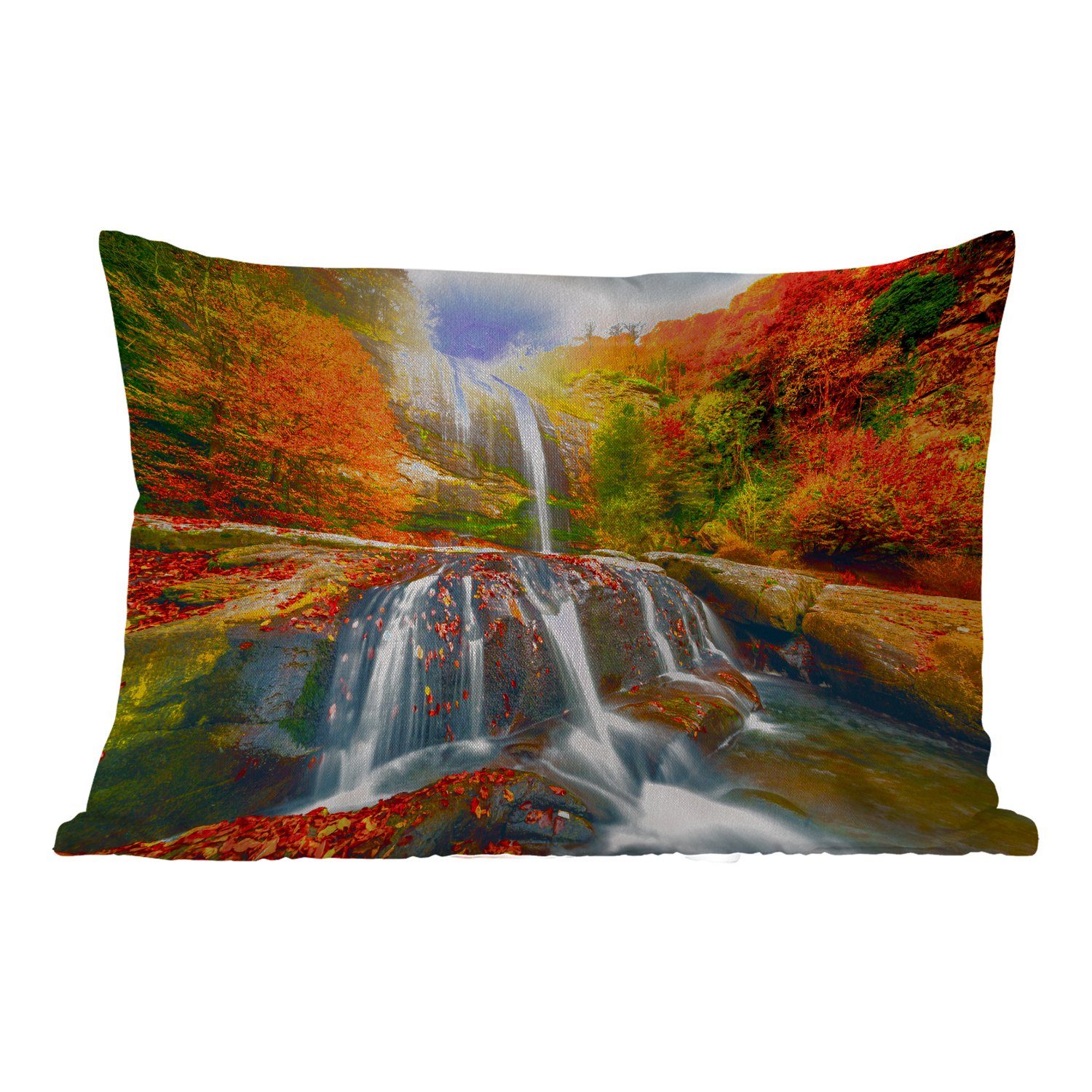Dekokissen - Polyester, - - Wasserfall - Rot Natur Kissenhülle Wasser, Outdoor-Dekorationskissen, Dekokissenbezug, MuchoWow Herbst