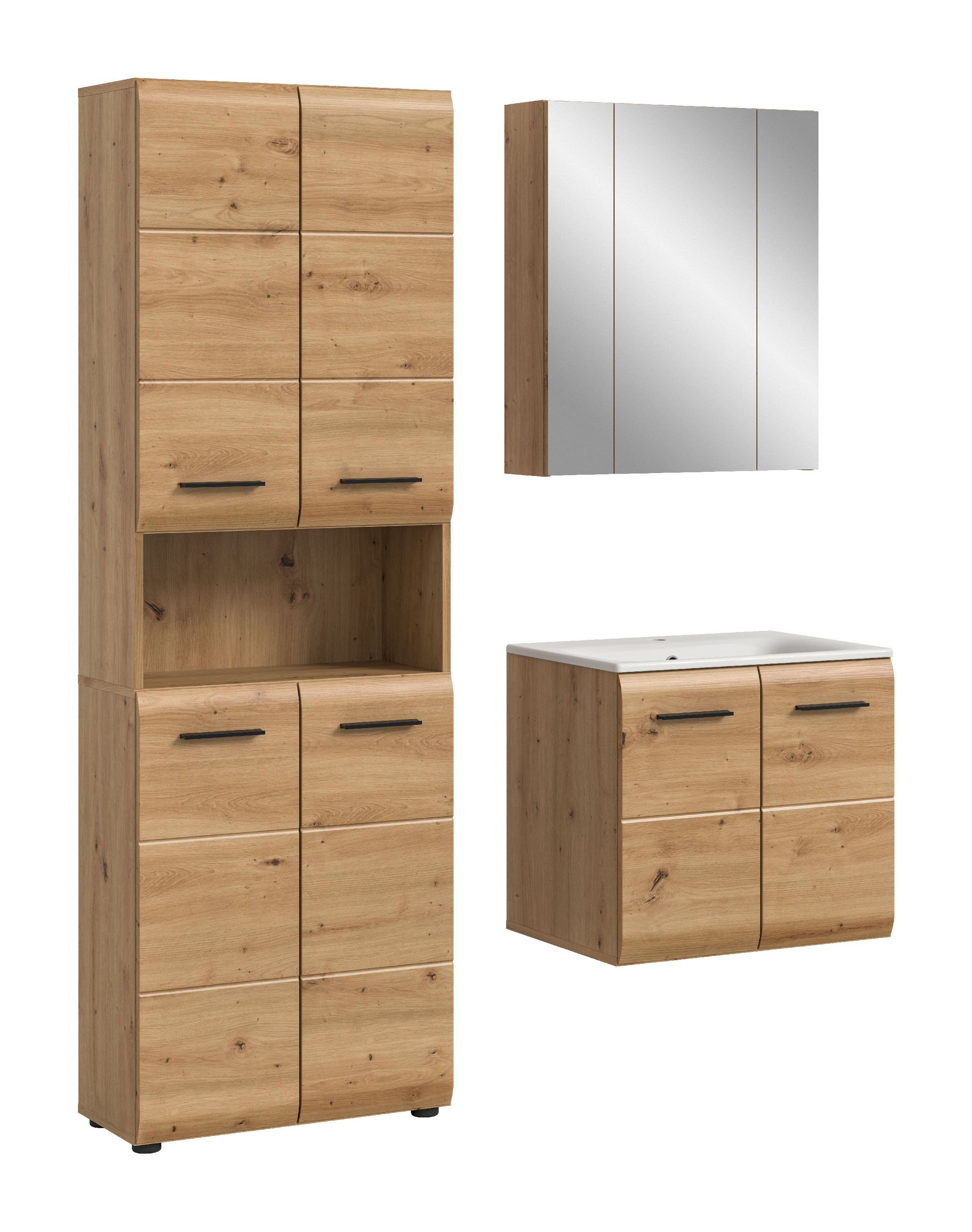 xonox.home Badmöbel-Set, (3tlg. Set inkl. Hoch-, Spiegelschrank, Waschtisch Inkl. Waschbecken), Artisan Oak Nachbildung Melamin beschichtet modern 135x185x46 cm