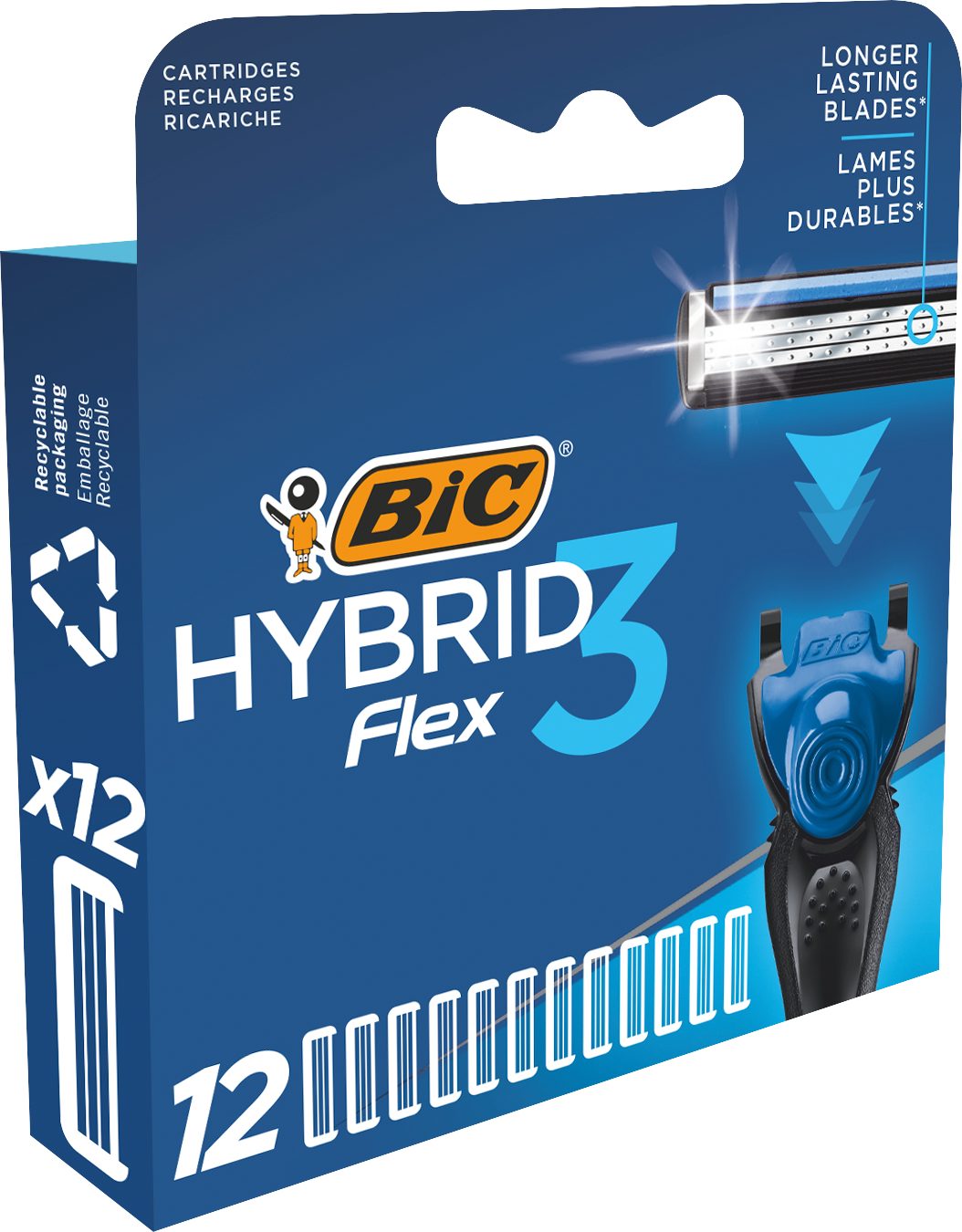 Flex BIC 12er – Rasierklingen Hybrid 3 12-tlg. Männerrasierer-Nachfüllklingen BIC Nachfüllpackung,