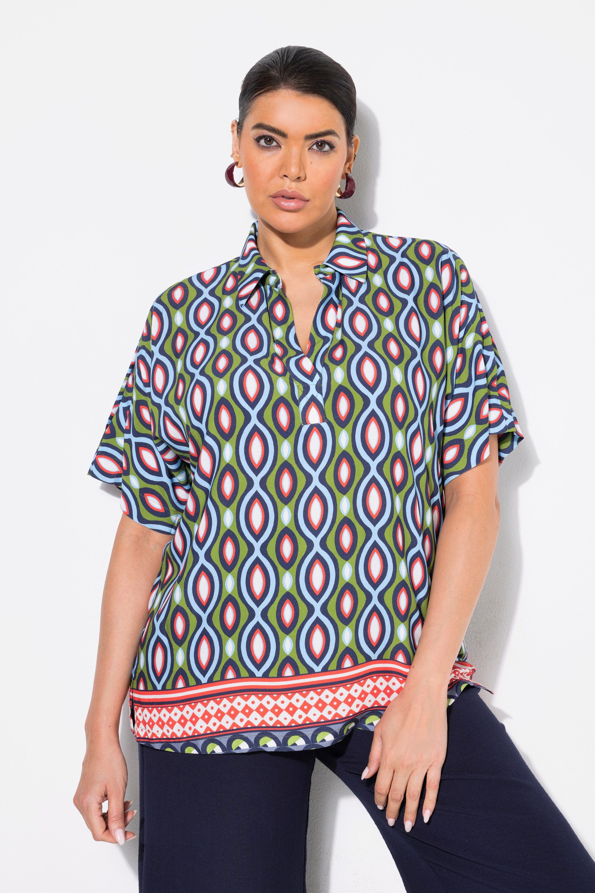 Tunika Bluse Schulterschlitz Oversized Hemdkragen Halbarm