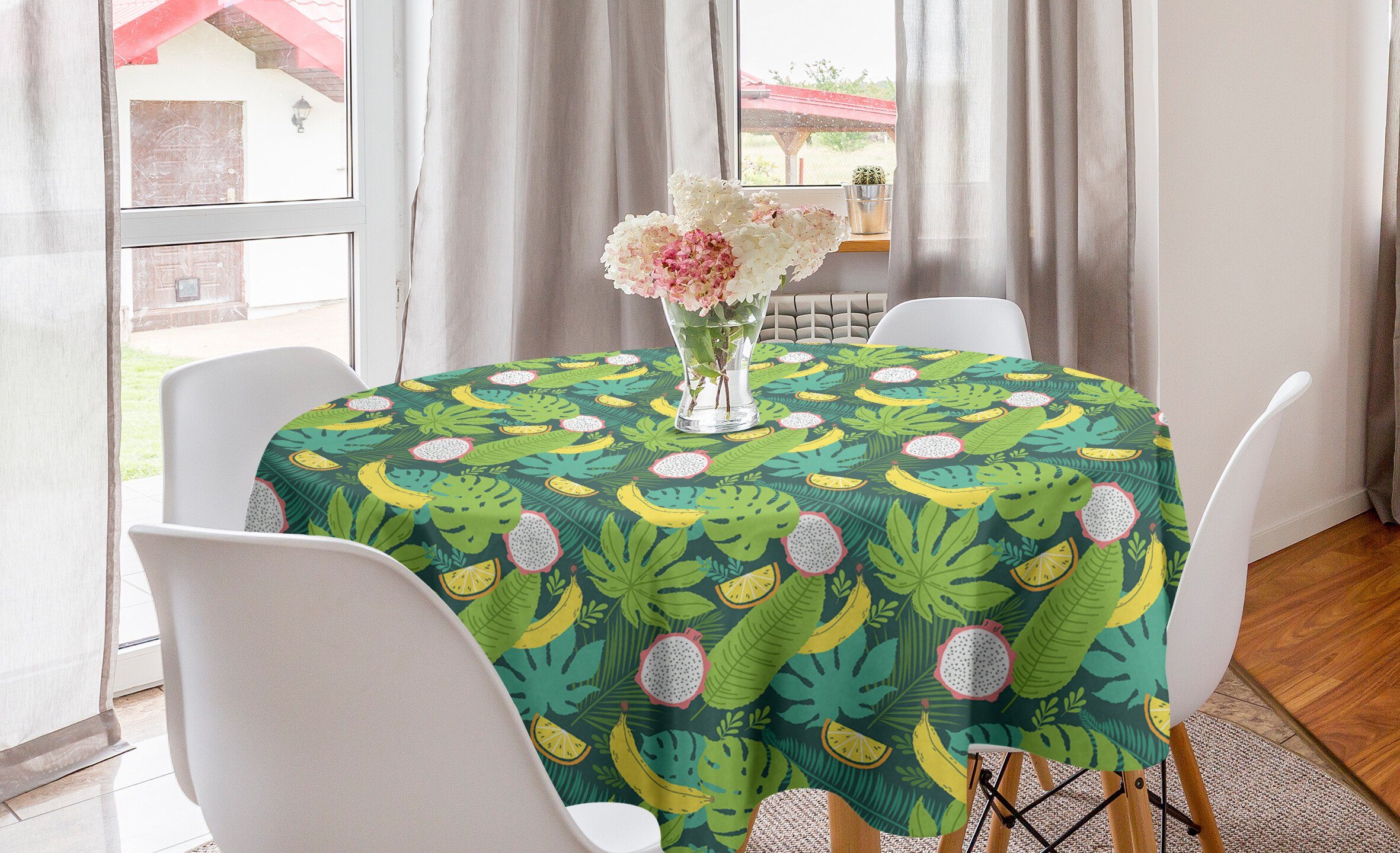 Früchte Abakuhaus für und Küche Tischdecke Esszimmer Tischdecke Kreis Dekoration, Hawaii-Blätter Abdeckung Exotisch