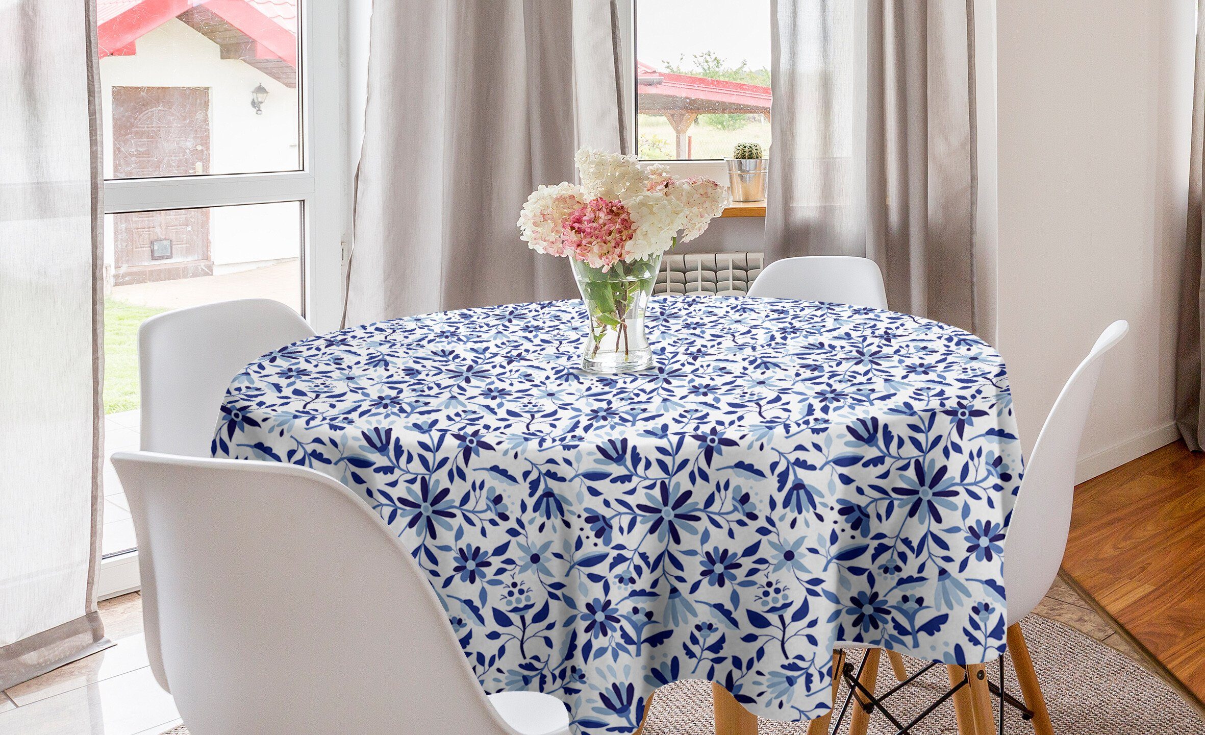 Abakuhaus Tischdecke Kreis Tischdecke Abdeckung für Esszimmer Küche Dekoration, Blau Moderne Blumen-Blatt-Knospen | Tischdecken