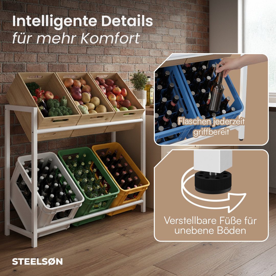 STEELSØN Flaschenregal Macondo aus Metall, Getränkekistenregal weiß, für 6 Kisten, auch verfügbar für 6 Kisten & mit Ablage
