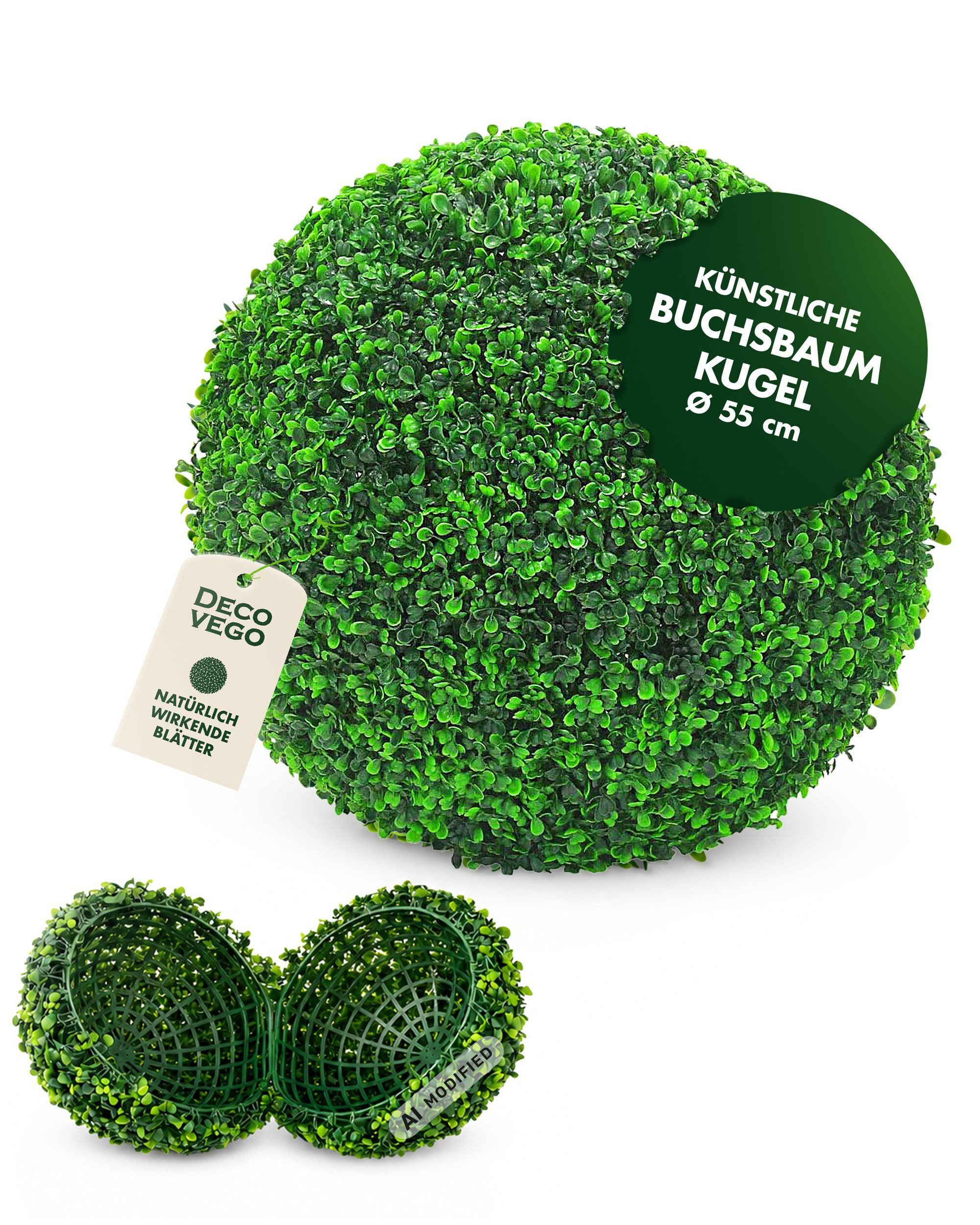 Kunstpflanze Deko Buchsbaum Künstlich Buchsbaumkugel Buchskugel 55 cm Kunstpflanze Buchsbaum, Decovego, Höhe 55 cm