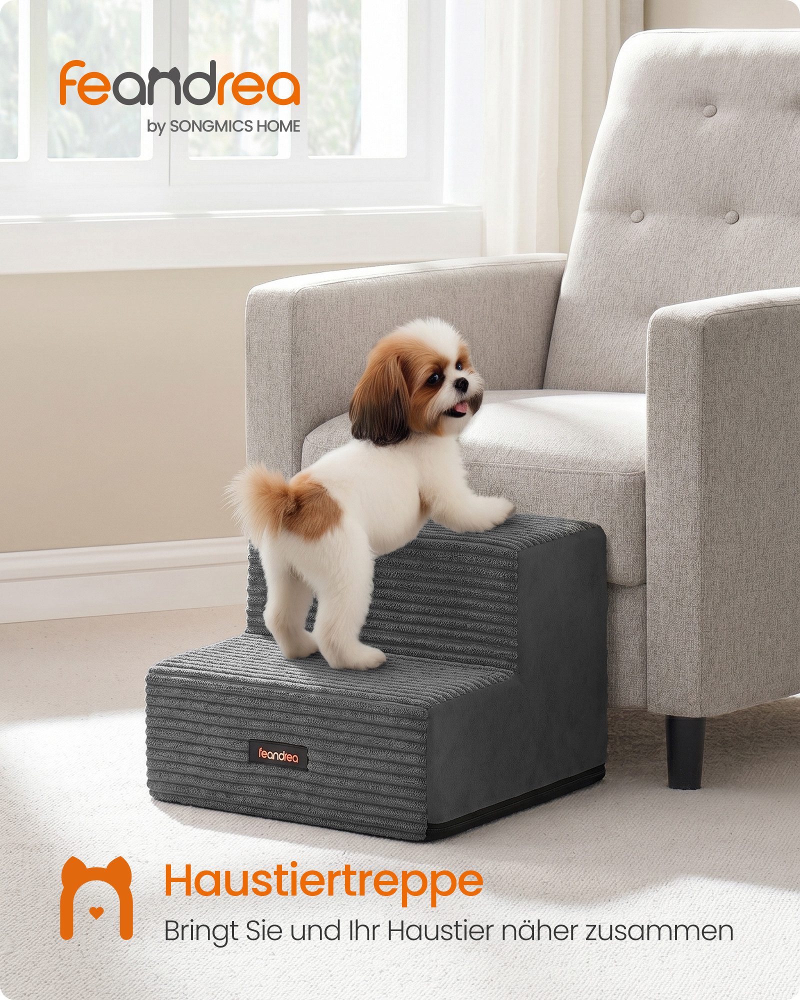 FEANDREA Haustiertreppe Waschbare Haustiertreppe für Bett und Sofa, 2 Stufen Katzentreppe aus Schaumstoff, Hunderampe für Kleine Hunde