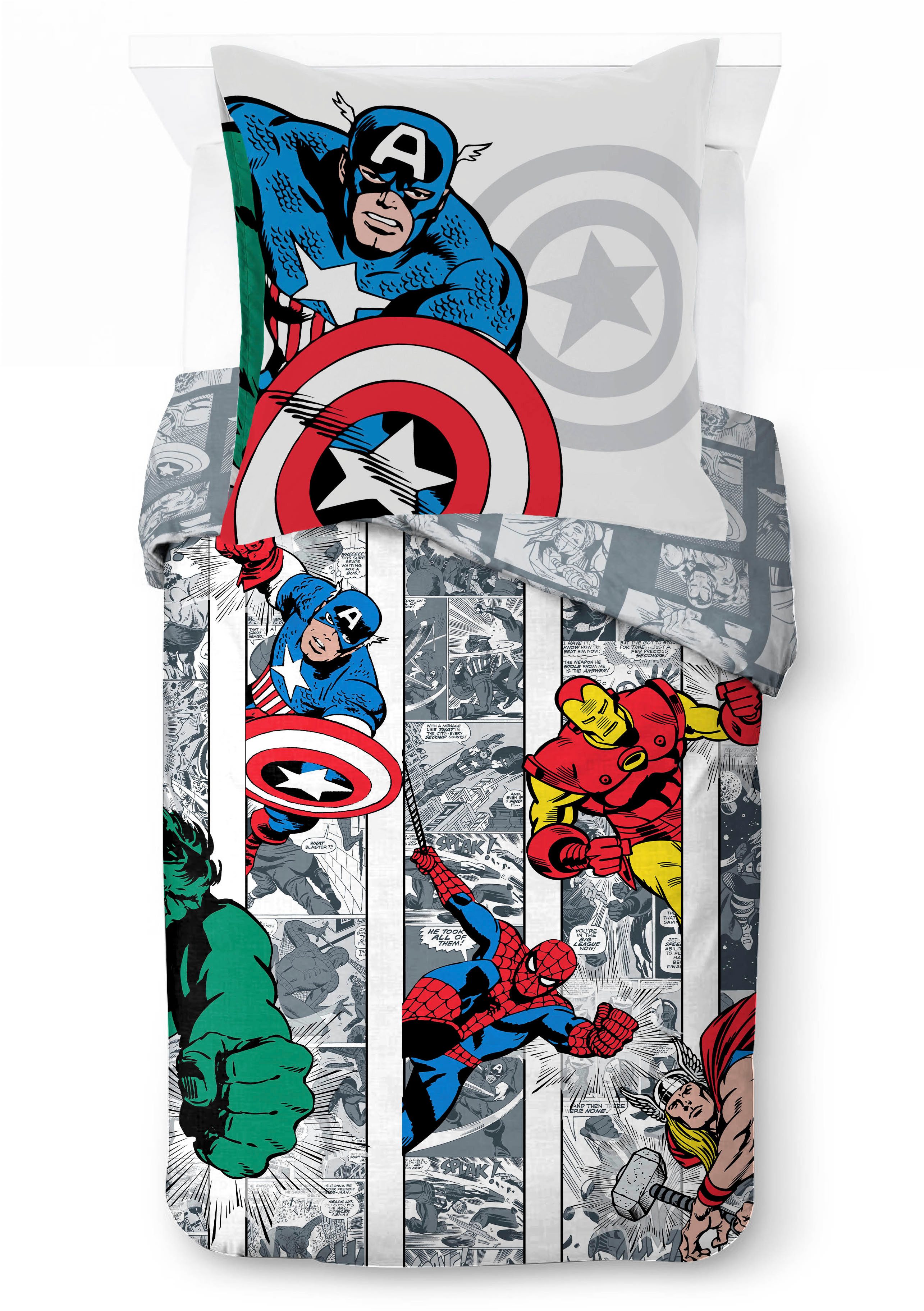 MARVEL Kinderbettwäsche Marvel Comics Bettbezug-Set 135x200 cm + Kissenbezug 80x80 cm, Washed Cotton, 2 teilig, 100 % Baumwolle, maschinenwaschbar, wendbar