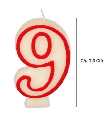 PAPSTAR Geburtstagskerze Zahlenkerze 7,3 cm weiß "9" mit rotem Rand (Stück, 1-tlg., 1 Zahlenkerze), Geburtstagskerze Geburtstagstorte Tortendekoration Kuchendekoration