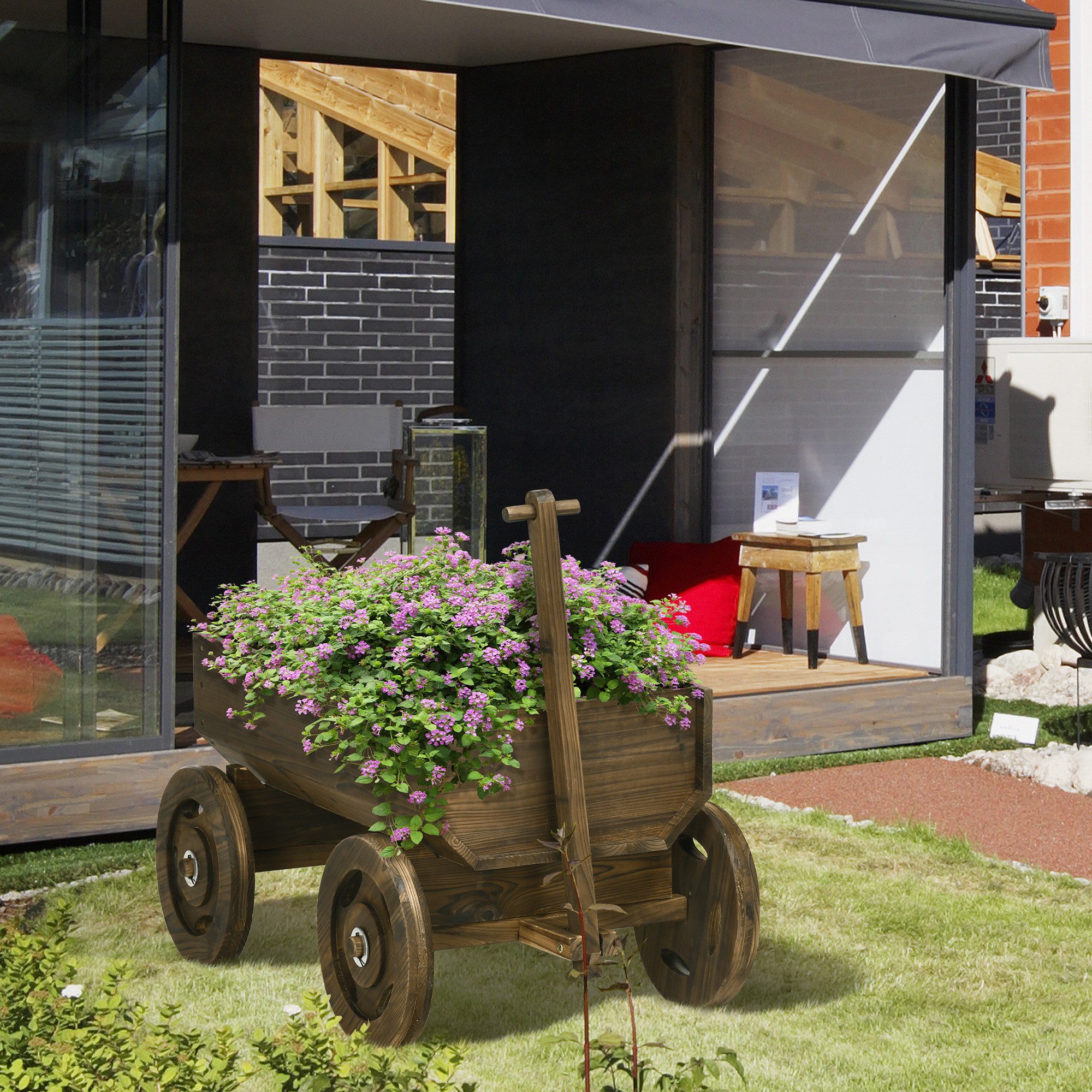 Outsunny Hochbeet Holzwagen-Design,Pflanzenständer,bis 50kg belastbar,127x53x58cm (Pflanzkasten, 1 St., Blumenwagen), für Garten, Balkon, Verkohlt
