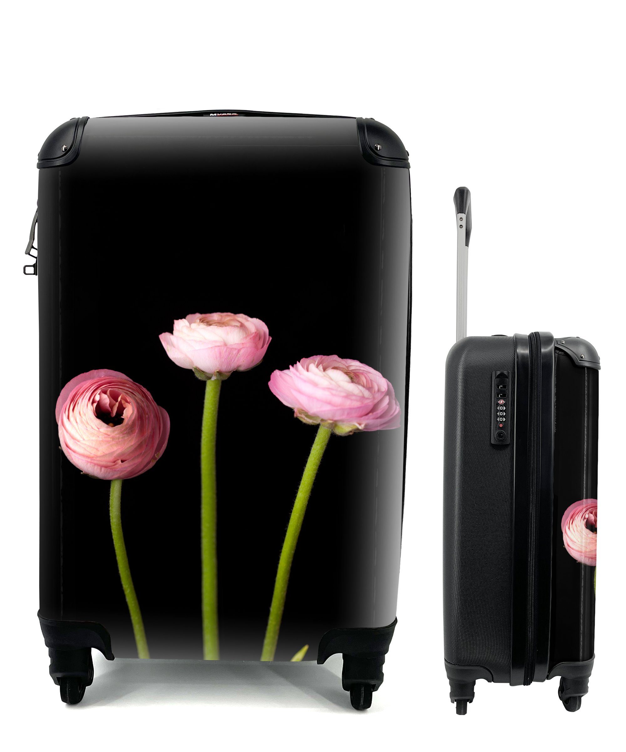 MuchoWow Handgepäckkoffer Drei Butterblumen auf schwarzem Hintergrund, 4 Rollen, Reisetasche mit rollen, Handgepäck für Ferien, Trolley, Reisekoffer | Handgepäck-Koffer