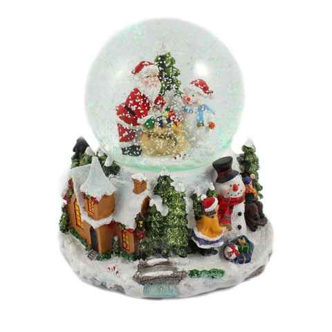 ELLUG Schneekugel Schneekugel/Spieluhr mit Weihnachtsmann, Tannebaum und Schneemann 100mm, weihnachtlicher Sockel, Licht, Schneeantrieb, 15cm