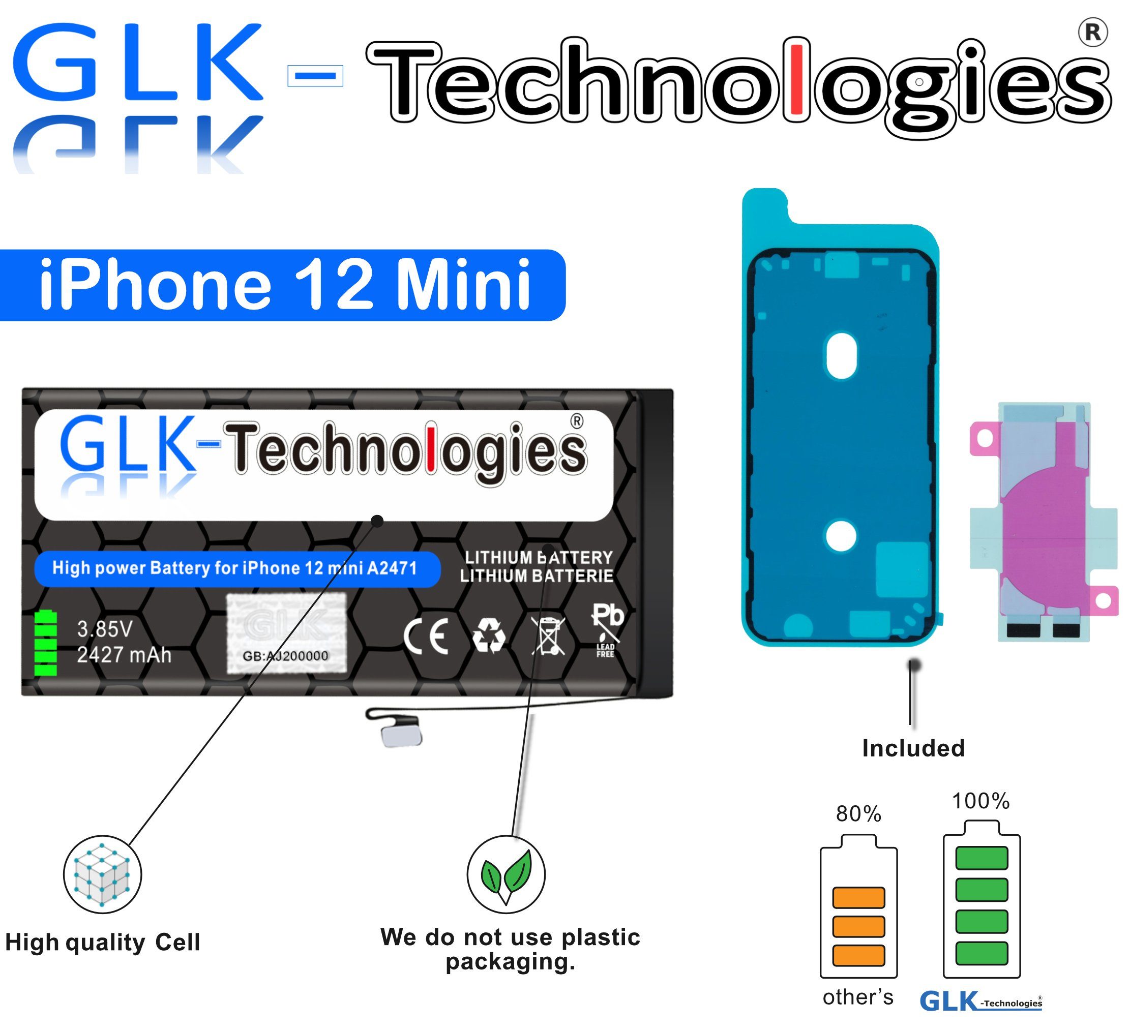 GLK-Technologies GLK für iPhone 12 Mini A2176 Akku inkl. 2X Klebebandsätze Handy-Akku