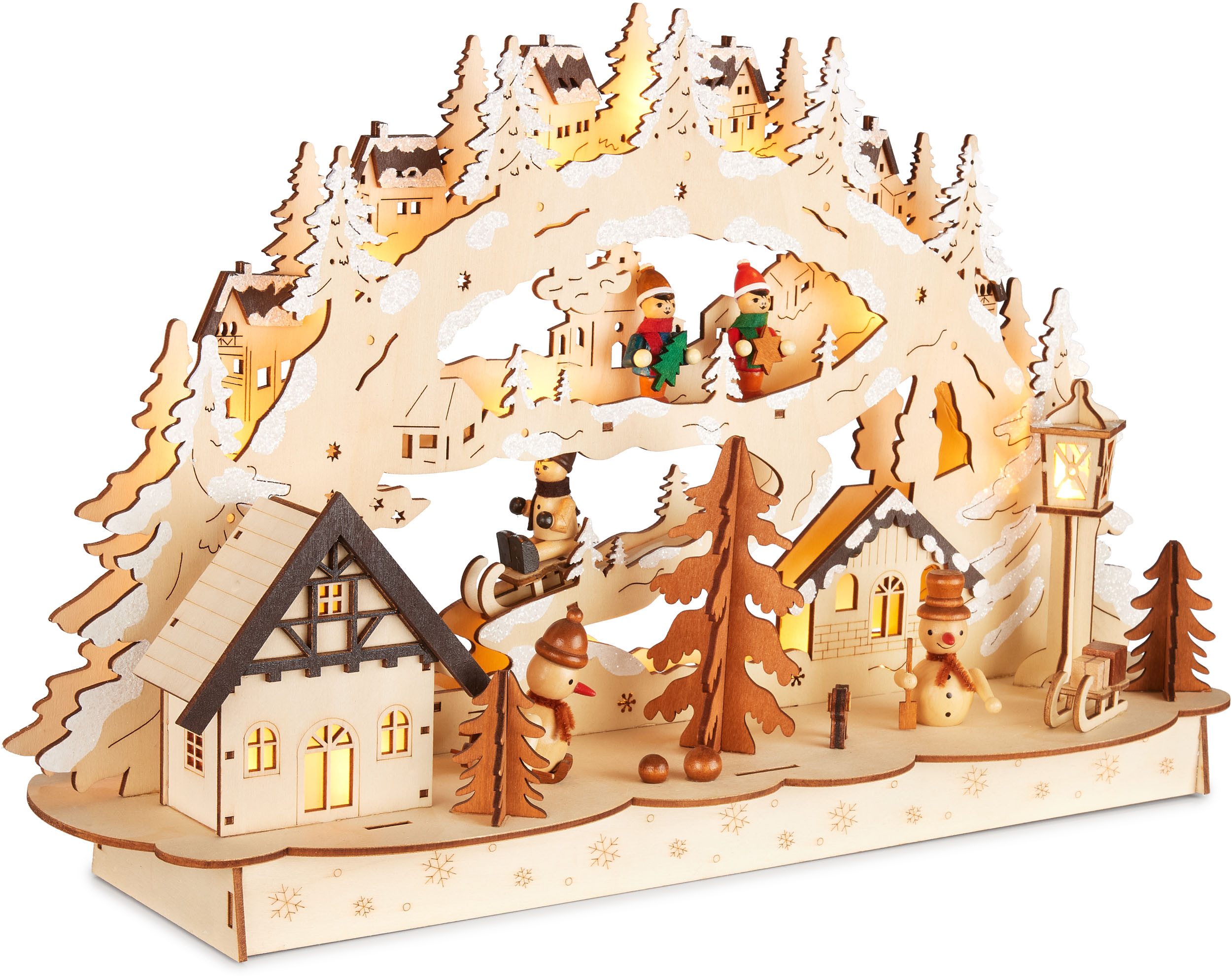 BRUBAKER LED Schwibbogen 3D Lichterbogen - Dorf Winterlandschaft - Holz Weihnachtsbeleuchtung (1-tlg), 27 x 45 x 12 cm - Handbemalte Weihnachtsdeko für Tisch & Fensterbank