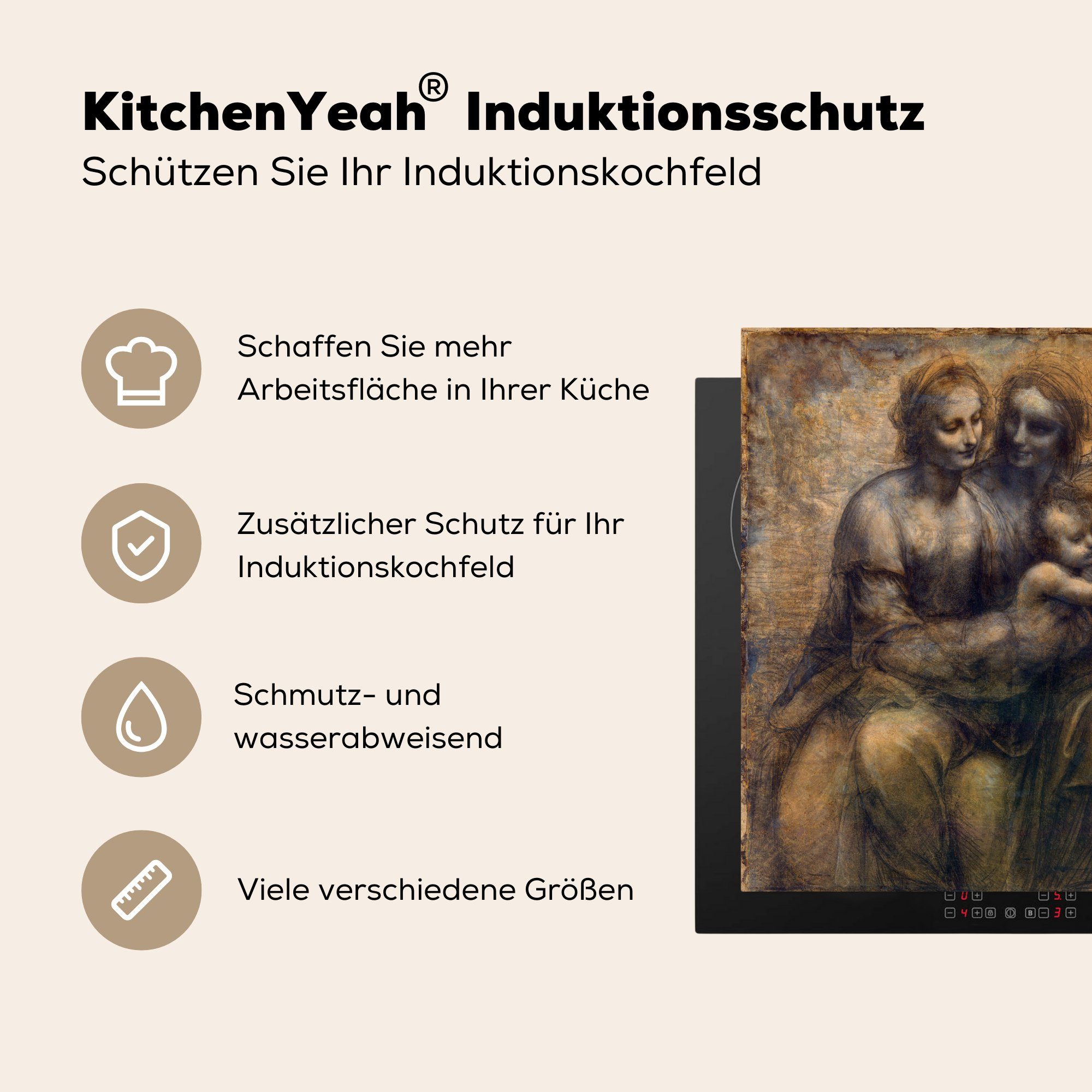 Vinci, Leonardo die - Arbeitsplatte Kind tlg), Heilige mit Anna und Herdblende-/Abdeckplatte Vinyl, 78x78 Ceranfeldabdeckung, da für küche Maria MuchoWow cm, (1