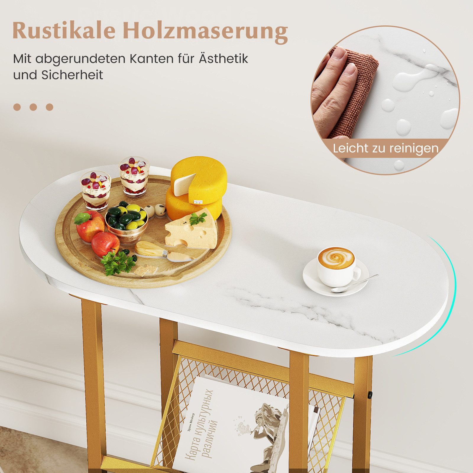 COSTWAY Beistelltisch, oval 2-stufig mit Zeitschriftenschlinge Nachttisch schmal