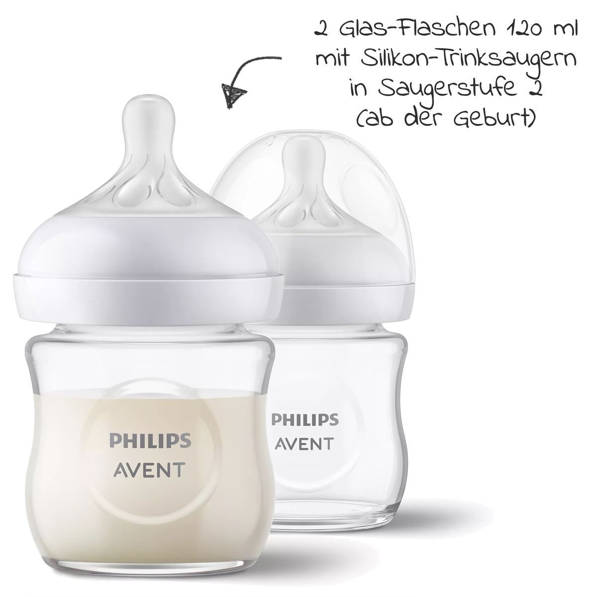 Philips AVENT Babyflasche Glas-Flasche Natural, 4er Pack Baby Glas-Flaschen 120ml & 240ml mit Silikon-Sauger