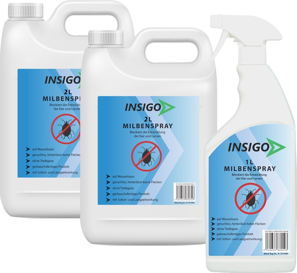 INSIGO Insektenspray Anti Milben-Spray mit ätzt auf geruchsarm, / Wasserbasis, 5 Langzeitwirkung nicht, Ungezieferspray, Milben-Mittel l, brennt