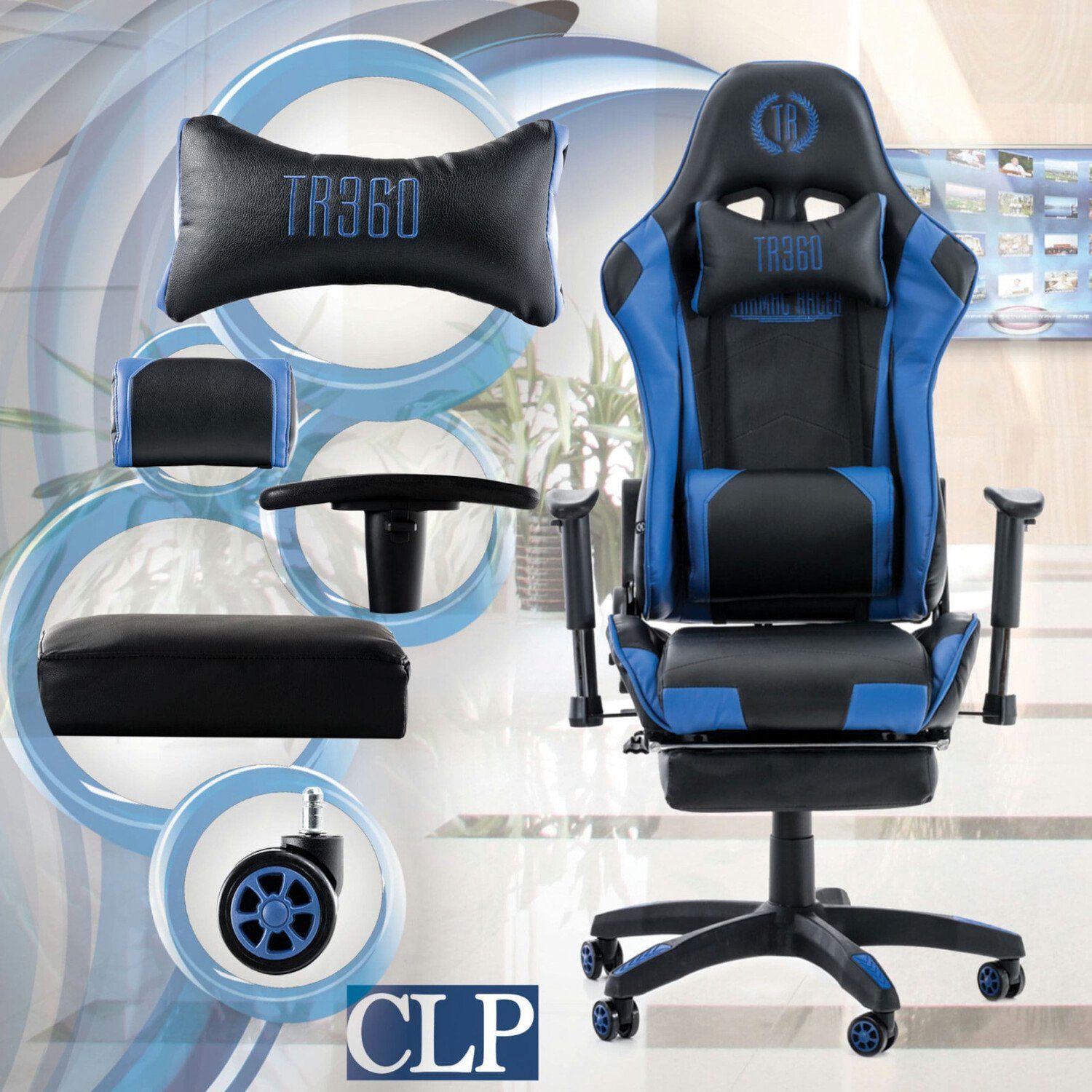 TPFLiving Gaming-Stuhl Turbine Rückenlehne Gamingstuhl, und drehbar Sitz: - mit schwarz/blau 360° bequemer Racingstuhl, schwarz (Schreibtischstuhl, Chefsessel), Gestell: höhenverstellbar Drehstuhl, Kunstleder - Kunststoff