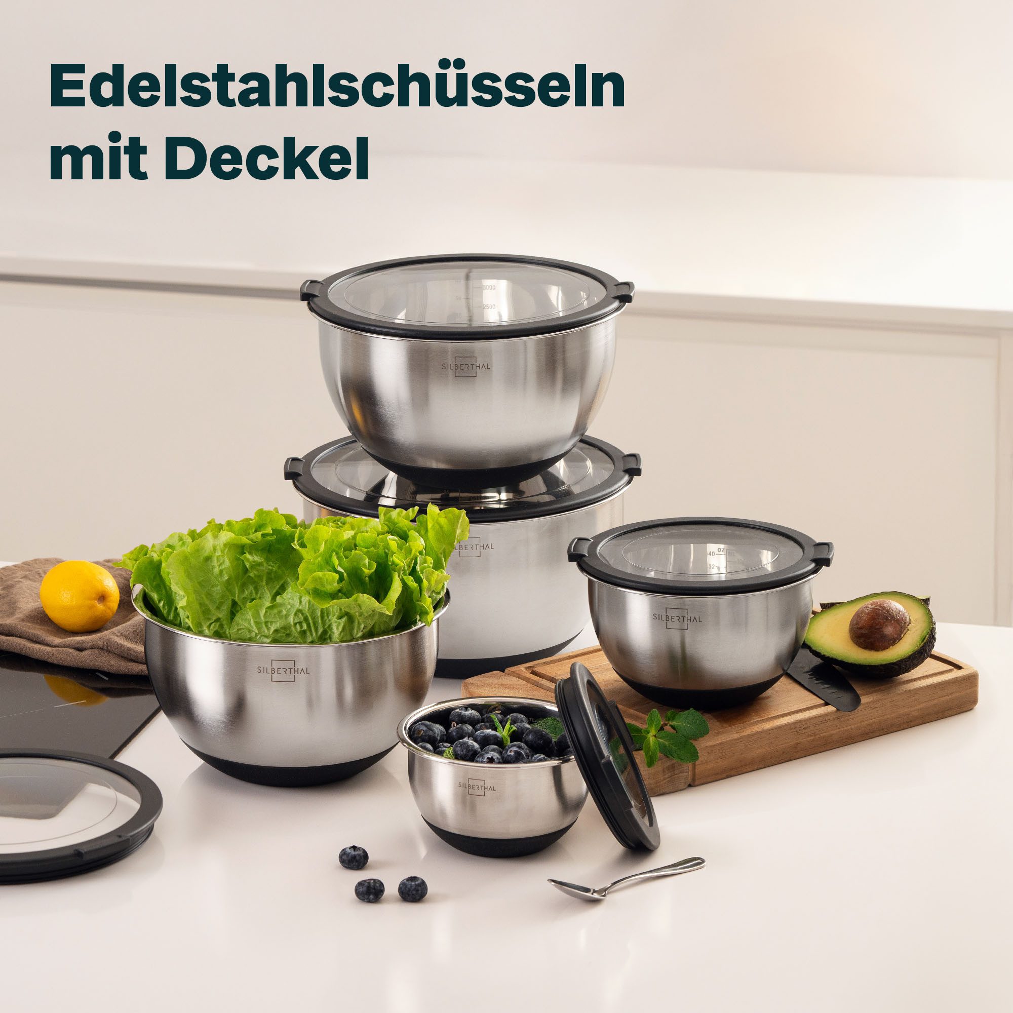 SILBERTHAL Rührschüssel Salatschüssel 12cm, Edelstahl, (1-tlg), Rutschfest dank Silikonboden, mit integrierter Skala