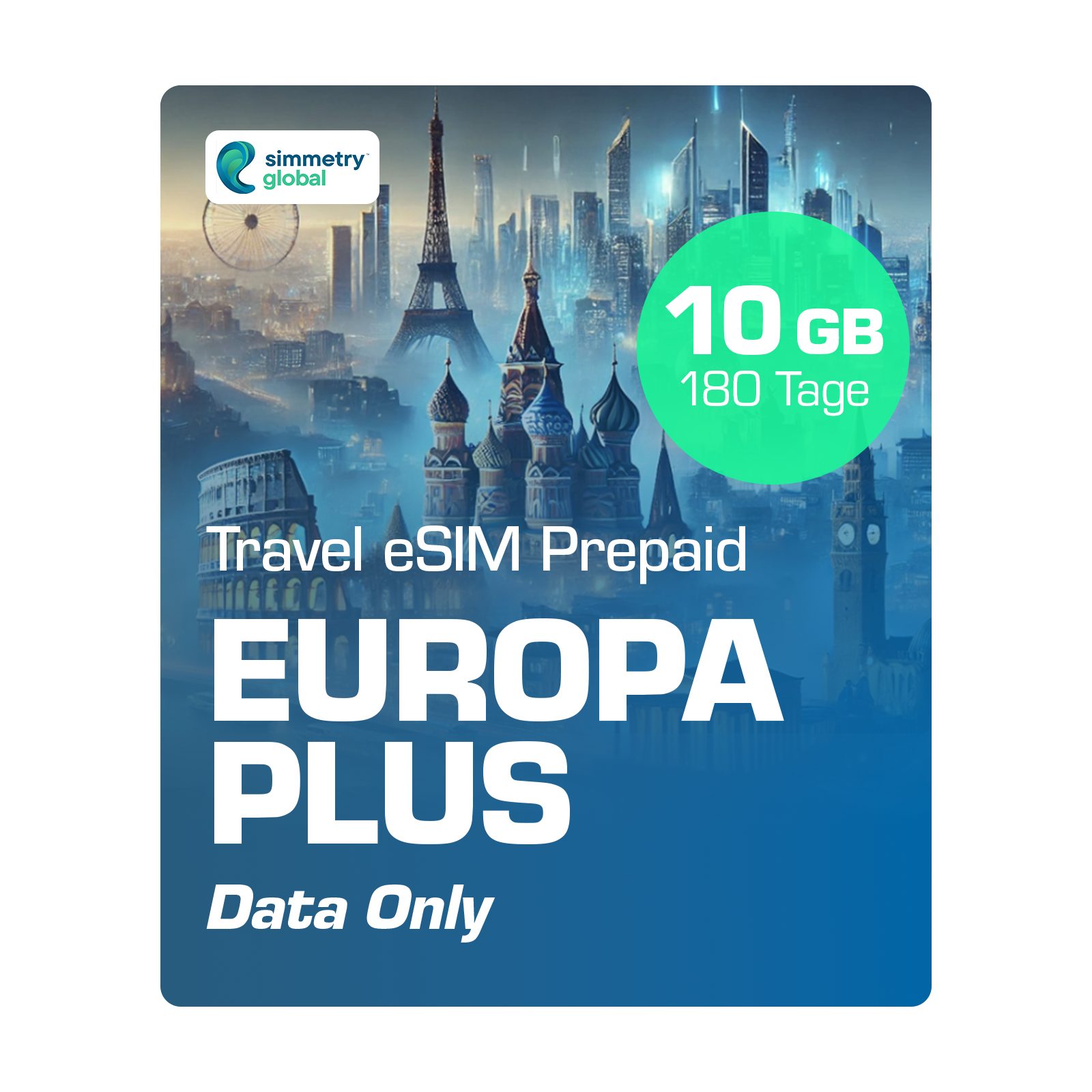 Simmetry Travel eSIM Europa PLUS Prepaidkarte, (eSIM für Europa+, keine Roaming-Gebühren)