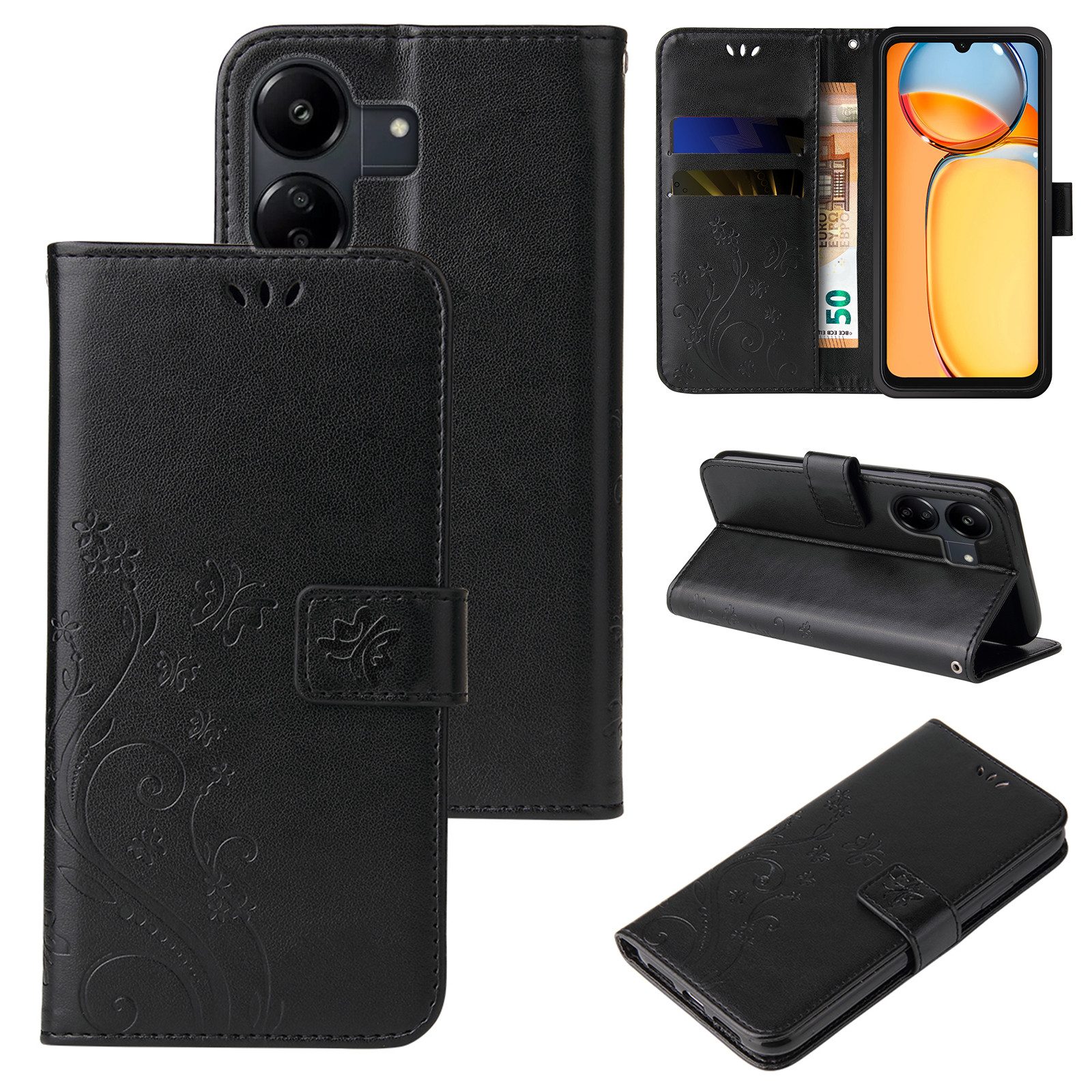 Tec-Expert Handyhülle Cover Tasche Hülle für Xiaomi Redmi 13C 6,74 Zoll, Klapphülle Case mit Kartenfach Fliphülle aufstellbar, Motiv Blumen