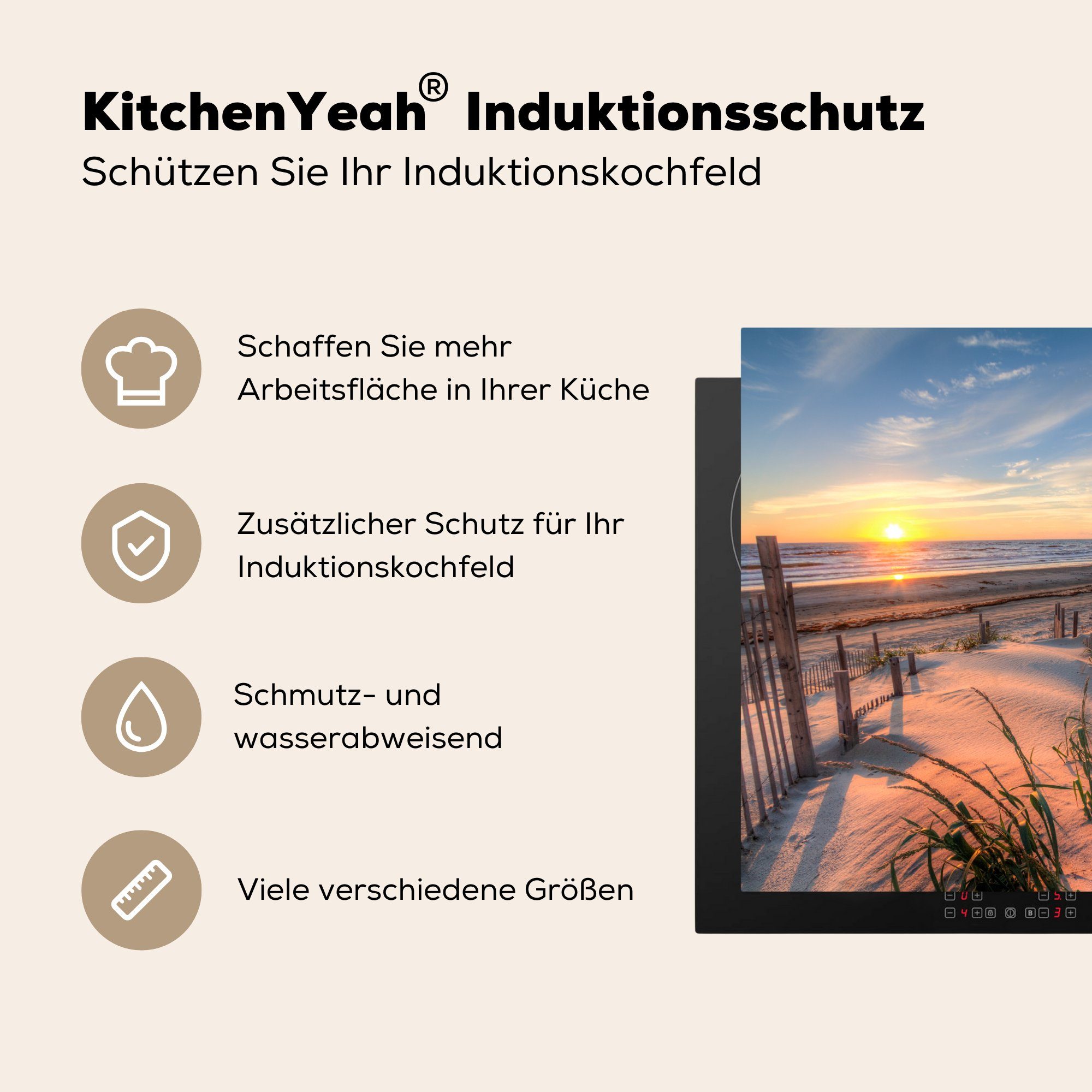 MuchoWow Induktionsherd, - 58x51 Vinyl, Sonnenuntergang Meer für Landschaft, (1 Dekoration Herdblende-/Abdeckplatte - cm, Küchen - Strand - Induktionskochfeld Düne tlg),