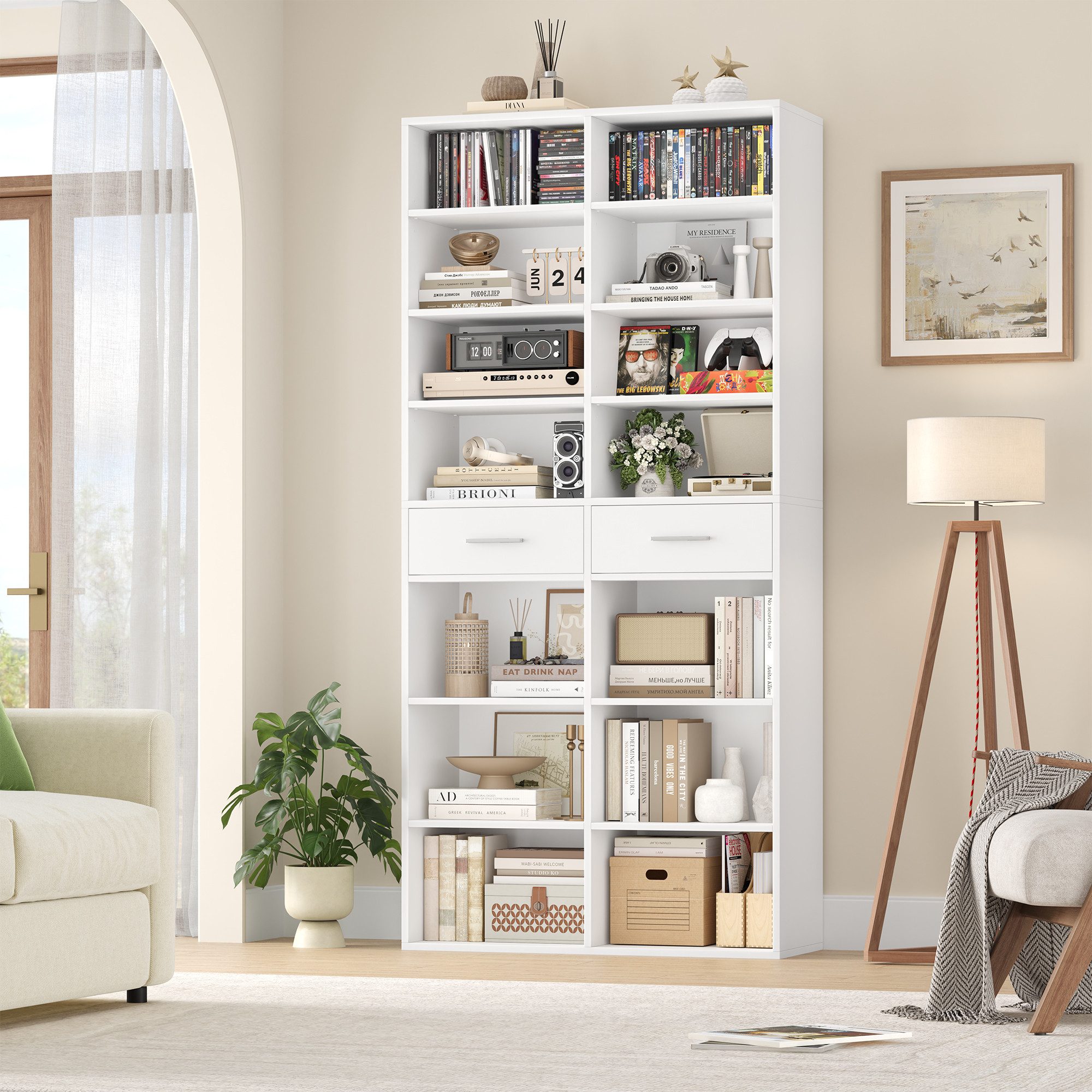 HOMECHO Bücherregal, 185,5 cm hoch Standregal mit 8 Ebenen und 2 Schubladen