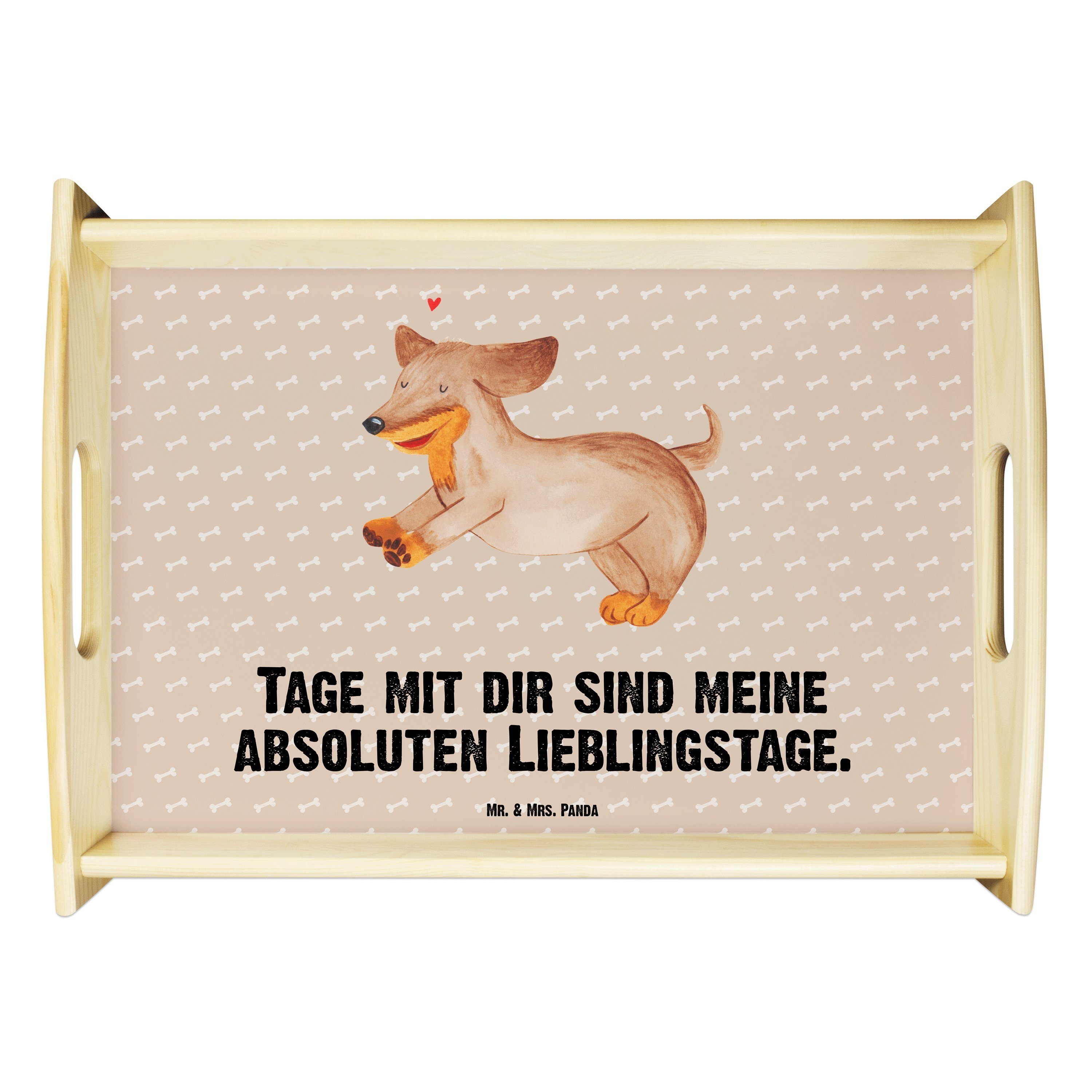 Mr. & Mrs. Panda Tablett Hund Dackel fröhlich - Hundeglück - Geschenk, Hundemama, Holztablett, Echtholz lasiert, (1-tlg)