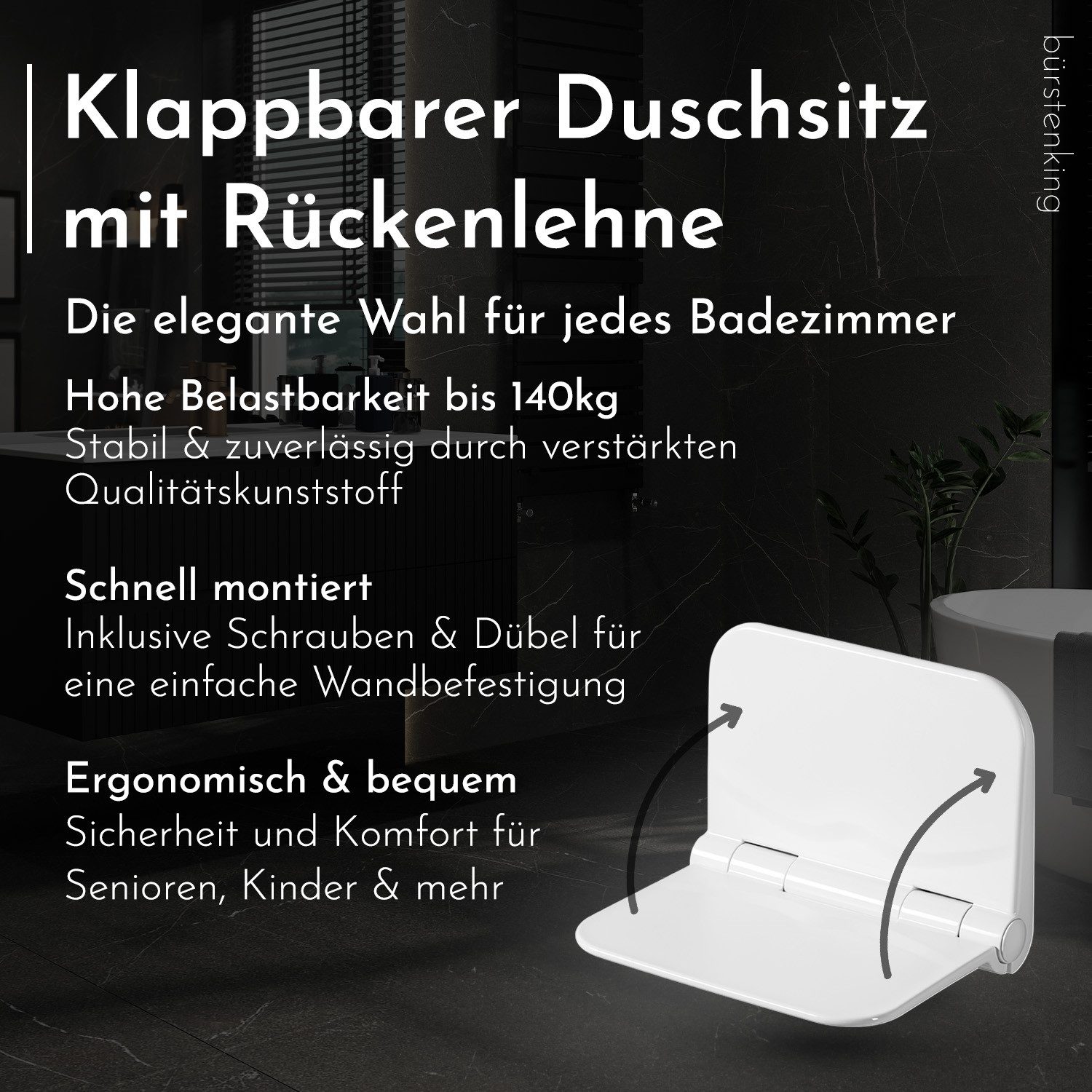 Bürstenking Duschstuhl klappbar für Wandmontage, Klappsitz Dusche bis 140kg, Ideal für Senioren