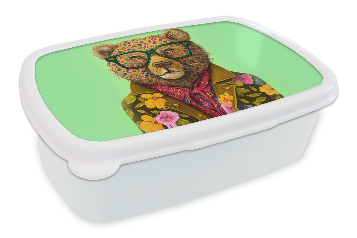 MuchoWow Lunchbox Bär - Farben - Brillen - Tier - Blumen, Kunststoff, (2-tlg), Brotbox für Kinder und Erwachsene, Brotdose, für Jungs und Mädchen weiß