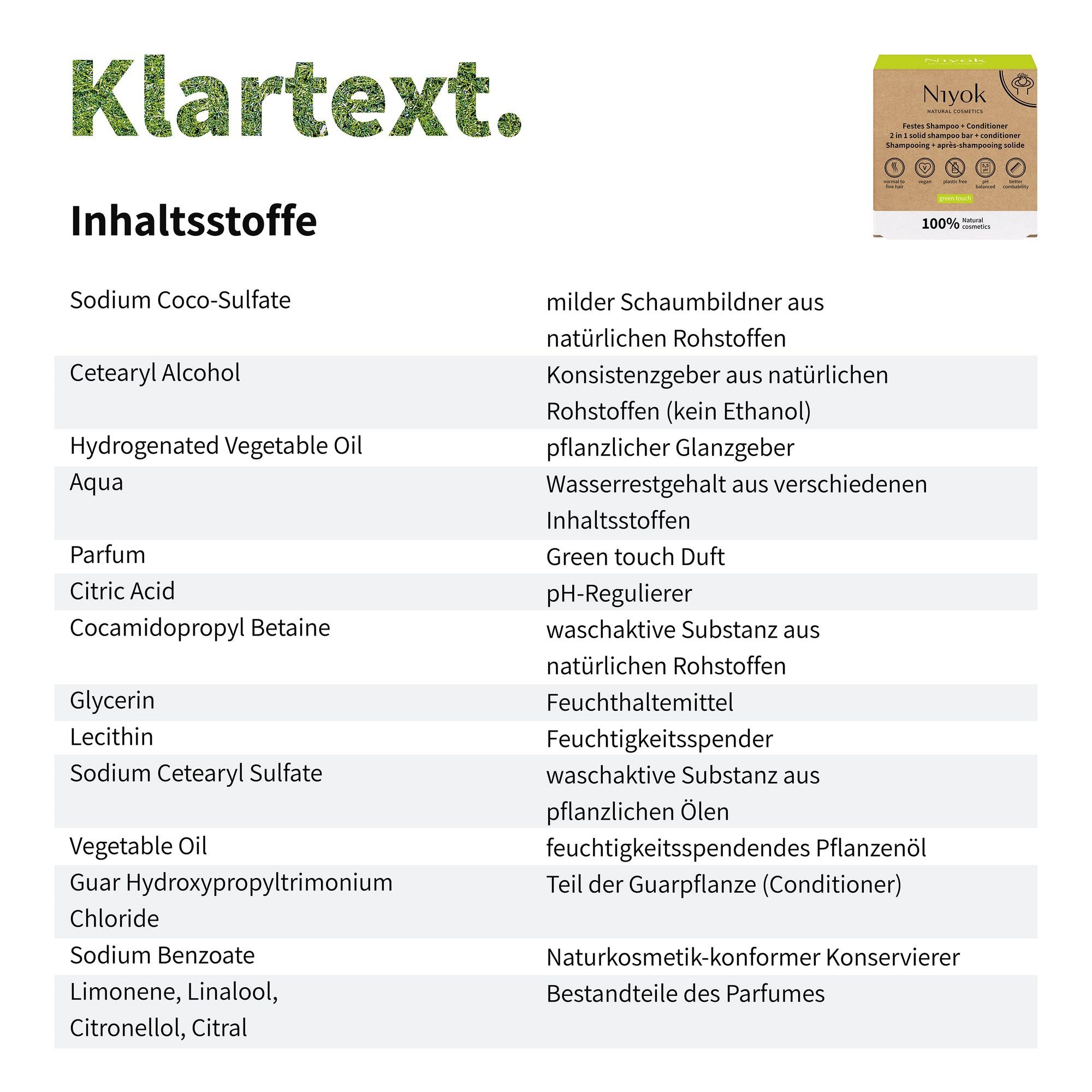 Niyok Festes Haarshampoo 2-in-1 Festes Shampoo + Conditioner Plastikfrei & Vegan, Nachhaltiges Shampoo & Spülung, PH-Neutral, normales & feines Haar