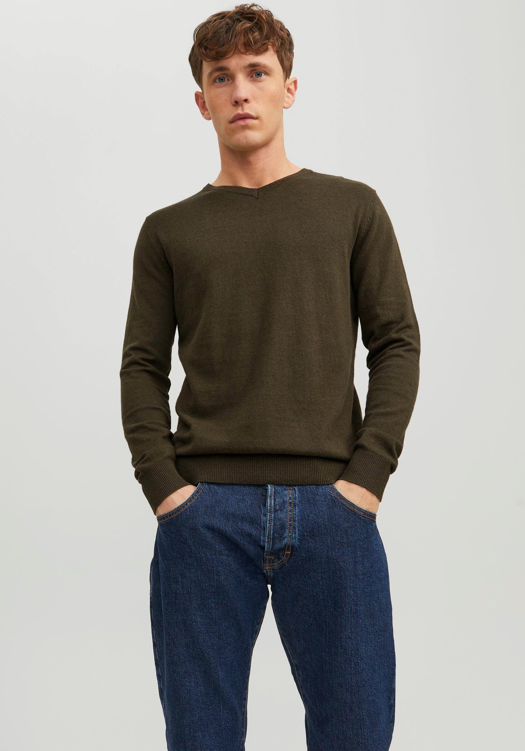 & Jack EMIL V-Ausschnitt-Pullover Jones V-NECK KNIT Olive