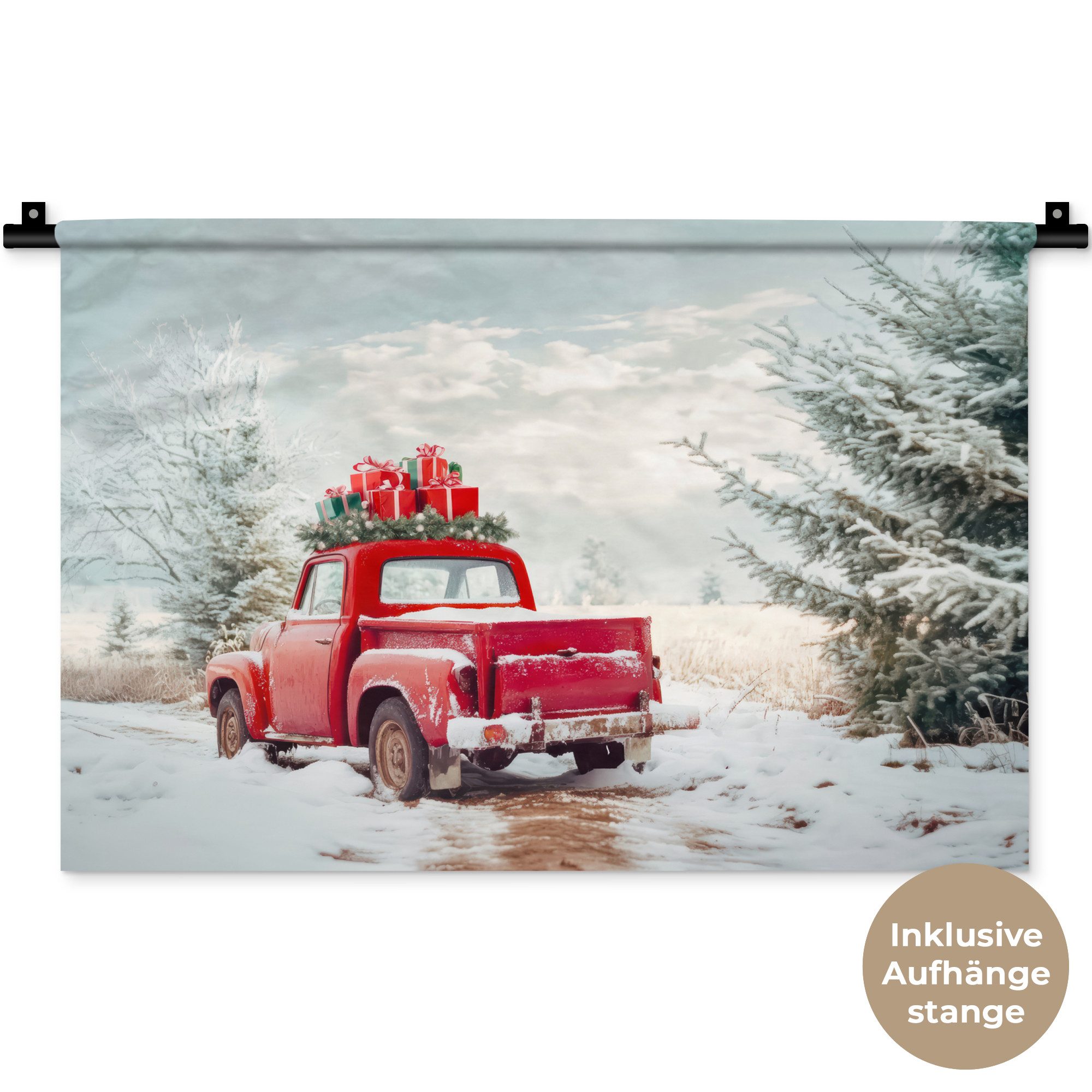 MuchoWow Wandteppich Auto - Rot - Geschenke - Winter - Schnee - Weihnachten, Rechteckig, Höhe: 3 mm, Wandteppich für Wohnzimmer, Schlafzimmer, 60x40 cm
