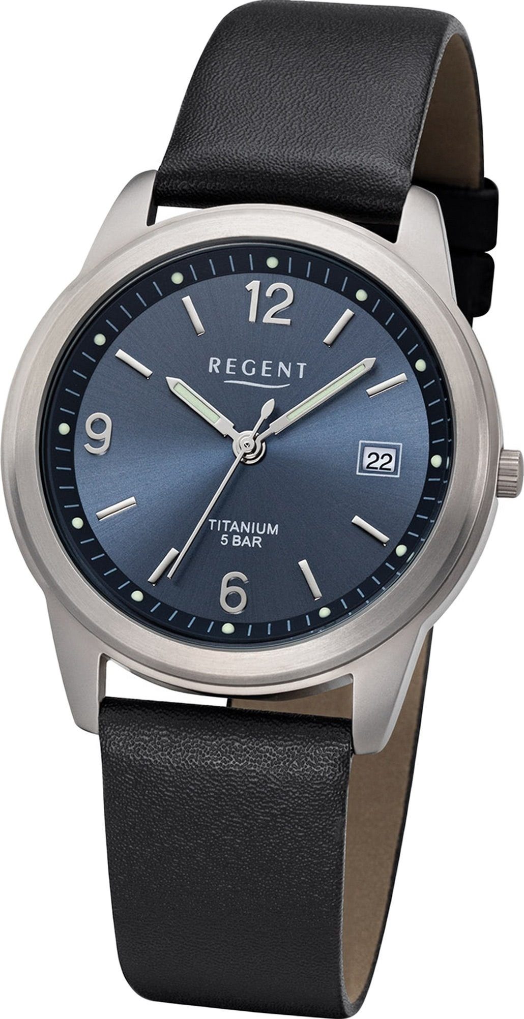 Regent Quarzuhr Regent Leder Herren Uhr F-682 Analog, Herrenuhr Lederarmband schwarz, rundes Gehäuse, mittel (ca. 36mm)
