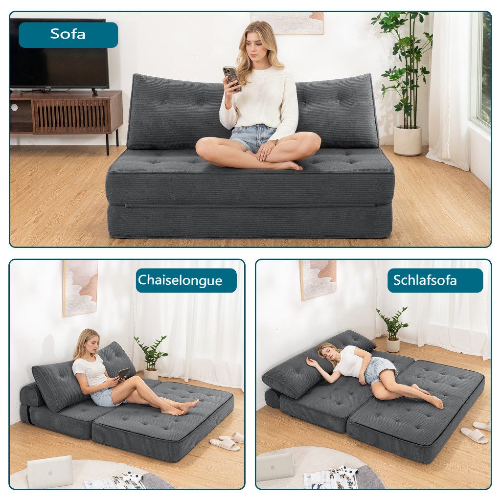 MECO Schlafsofa 3-in-1 umwandelbarer Klappsofa Bett Schlafsessel mit Kissen, 2 Sitzer Bodensofa Schlafcouch 150×80x36 cm
