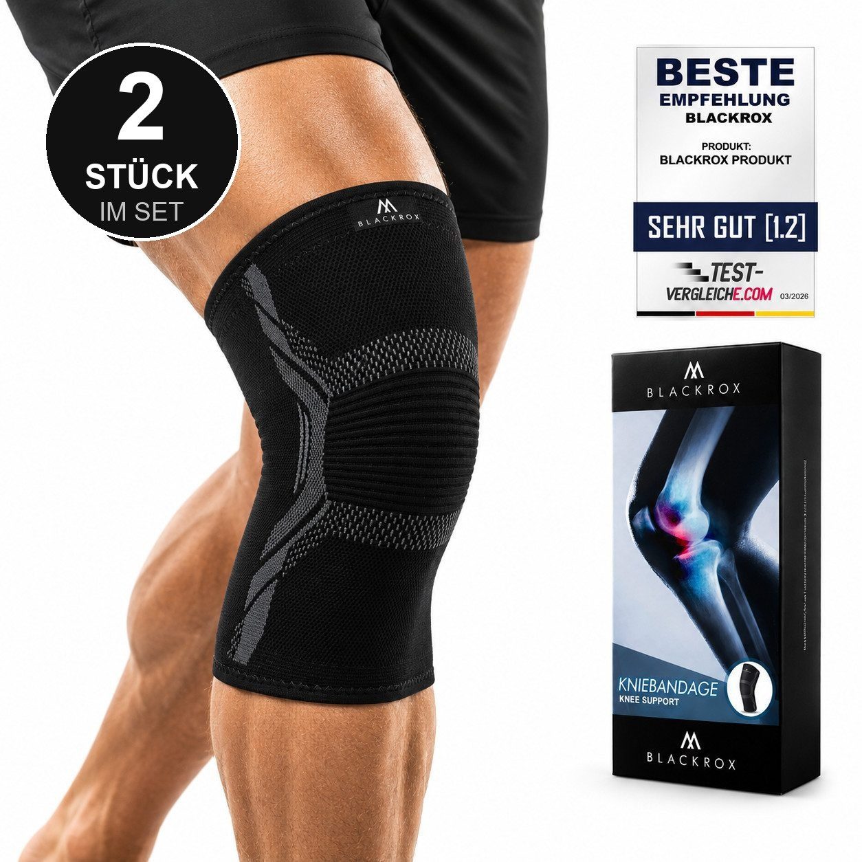 BLACKROX Kniebandage [Vergleichssieger 2026] 2er-Set, Gr. S-XXL, V1, Damen & Herren