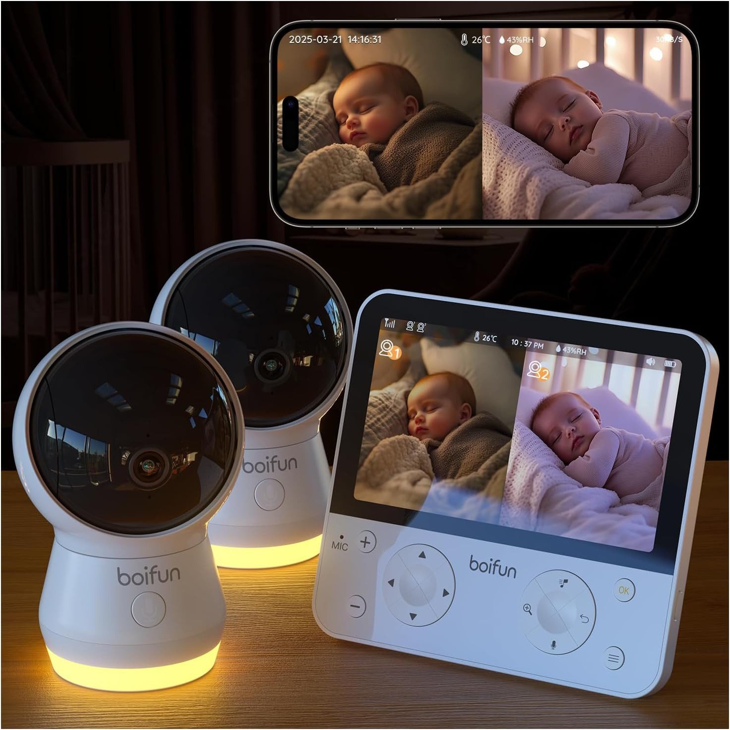 TWUFY Babyphone Babyphone mit Kamera und Nachtsicht 5,5-Zoll-WLAN-Video-Babyfon, PTZ 355°, Automatische Verfolgung, Schreierkennung, Temperatur, Babyphone mit 2 Kamera und App 2K/3MP WiFi Video Babyphone, 2,4G- und 5G-WLAN + Bluetooth 5.0 IR/RBG Nachtsicht