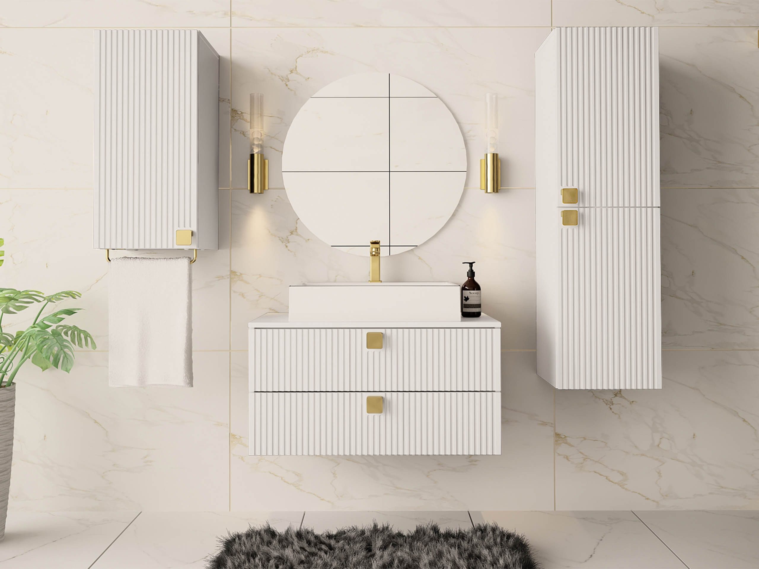 MIRJAN24 Badmöbel-Set Gariano I, (4er-Set, mit Siphon, Waschbecken, 2x Badezimmerschrank, Waschbeckenschrank), Griffe in der Farbe Gold