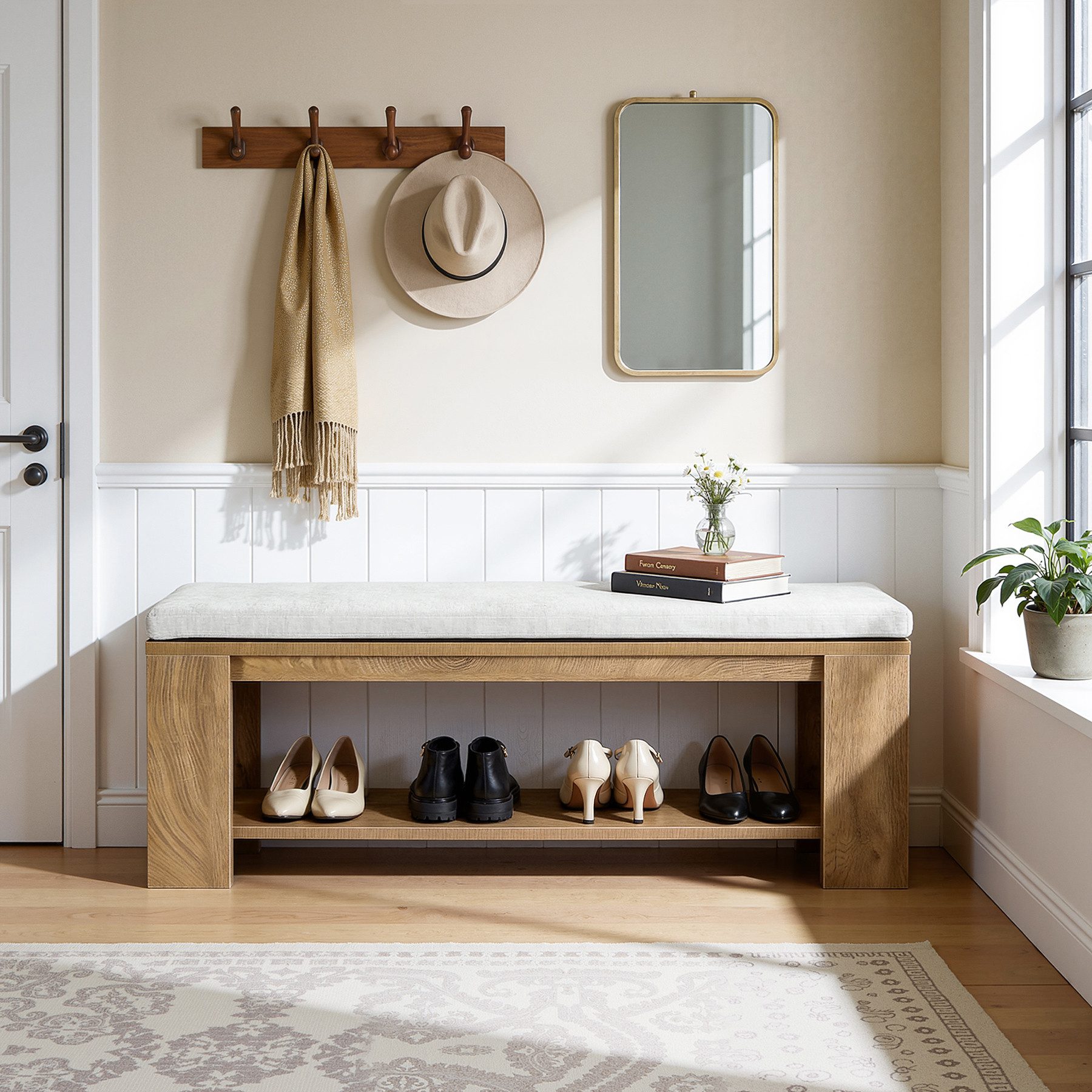 Tribesigns Schuhbank 120 cm lange Eingangsbank, rustikale Sitzbank für, Flur, Schlafzimmer (Landhaus-Bettbank mit gepolsterter Sitzfläche und MDF-Gestell)