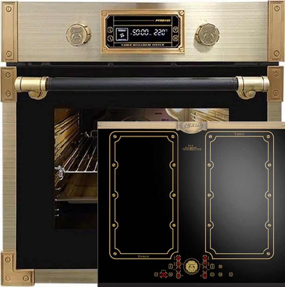 Kaiser Küchengeräte Backofen-Set Herd Set Autark Retro Pyrolyse Einbau Backofen 73L Schwarzes Glas 60 cm mit Induktionskochfeld 60 cm FREE ZONE mit 2 FLEX Induktions-Zonen EH 6427 AD + KCT 6192 FI Em, mit 1-fach-Teleskopauszug