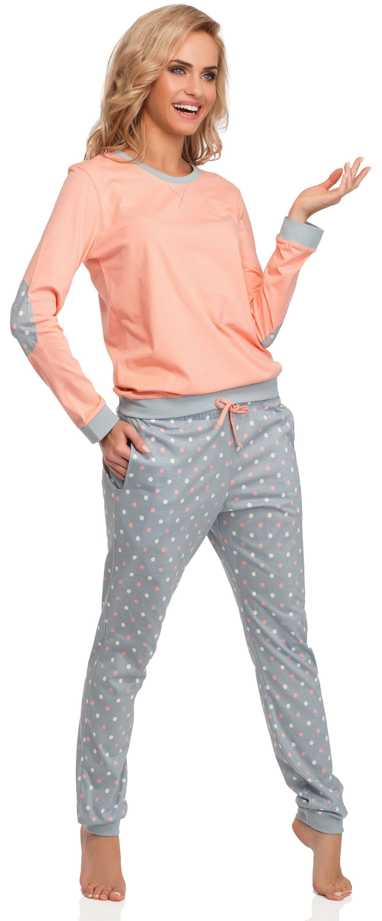 Zweiteiler Lachs/Grau Damen Rundhals mit Schlafanzug Schlafanzug Pyjama Langarm Baumwolle Cornette 634