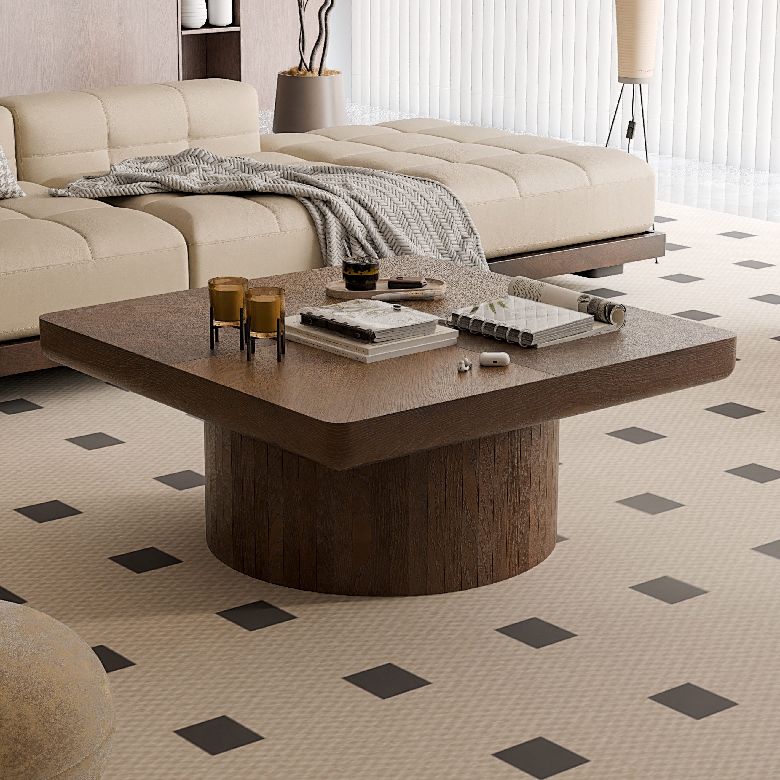 Celya Couchtisch Quadratische Tischplatte, 78 cm, moderne Tischplatte aus Holzfurnier (zylindrischer Sockel, verdickte Tischplatte, Einfach zu montieren), Geeignet für das Wohnzimmer
