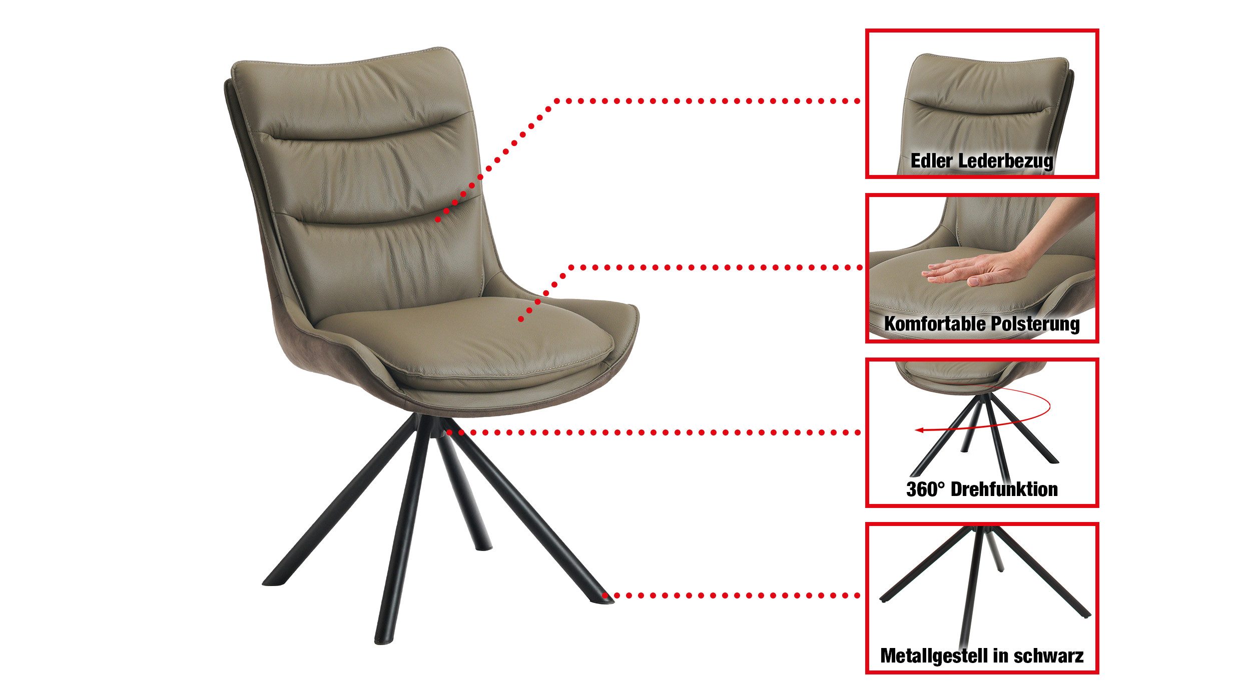 Massivart® Polsterstuhl drehbar 360 Grad, Esszimmerstuhl aus Echtleder & Stoff, »MAURICE«, Griff am Rücken · Metallgestell schwarz