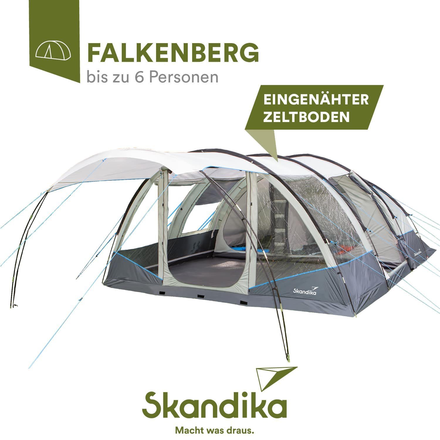 Skandika Tunnelzelt Falkenberg 6 (grau/blau), Großes Familienzelt,  eingenähter Zeltboden, 2 m Stehhöhe, wasserdicht, 4.000 mm Wassersäule,  Moskitonetze, teilbare Schlafkabine, Outdoor Camping Zelt